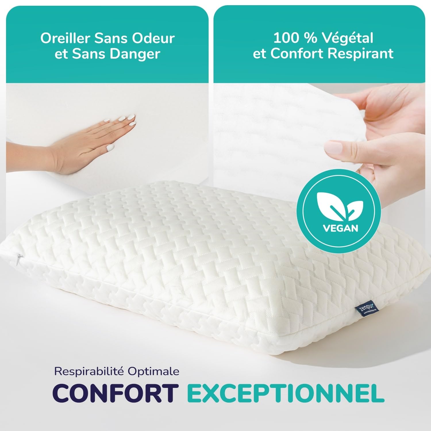 ZenPur Oreiller Cervical Mémoire de Forme 40x60 - Coussin Ergonomique Anti-Douleurs Cervicales - Mi-Ferme, Housse Bambou Premium, Certifié Oeko-TEX