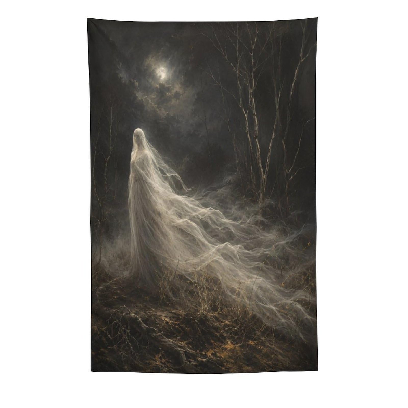 W7C8U2X3 Moonlit Forest Ghost Wall Tapestry, Dark Fantasy Mist