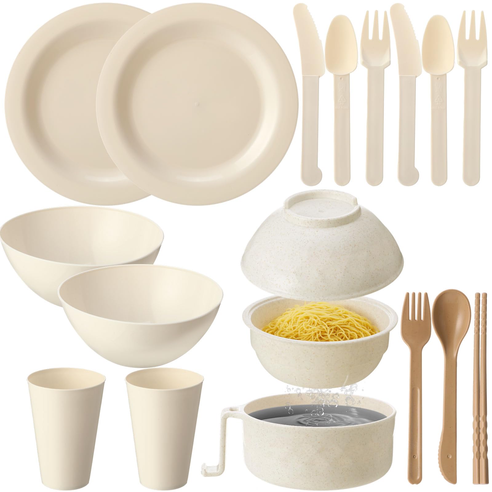 LemonRoad Essentielles Set mit 2 Kunststofftellern und -Schüsseln, 1 Set 940 ml Mikrowellen-Ramenschüssel mit Essstäbchen, Löffel, Gabel, Picknick-Geschirr, Camping, Chaos Kit für Büro