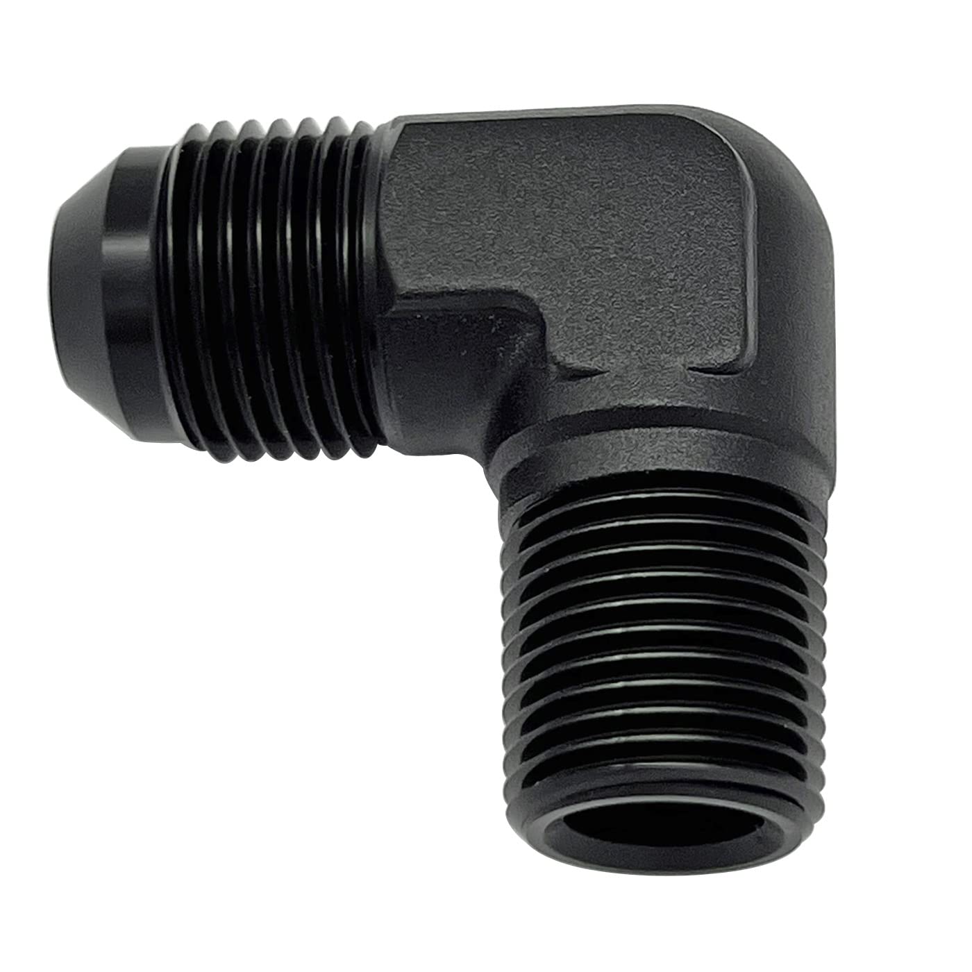 Conector AN8 macho de 90 grados en aluminio mecanizado para circuitos hidráulicos