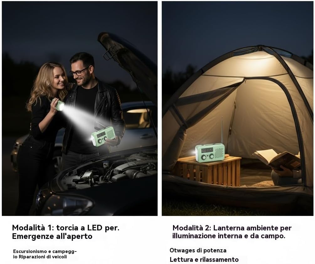 Kurbelradio Notfallradio mit 2000 mAh Power Bank – 3-Wege-Ladung (Solar/Handkurbel/USB), AM/FM/SW, SOS-Alarm & LED-Licht, Tragbares Survival Radio für Stromausfall, Camping & Wohnmobil (Grün)