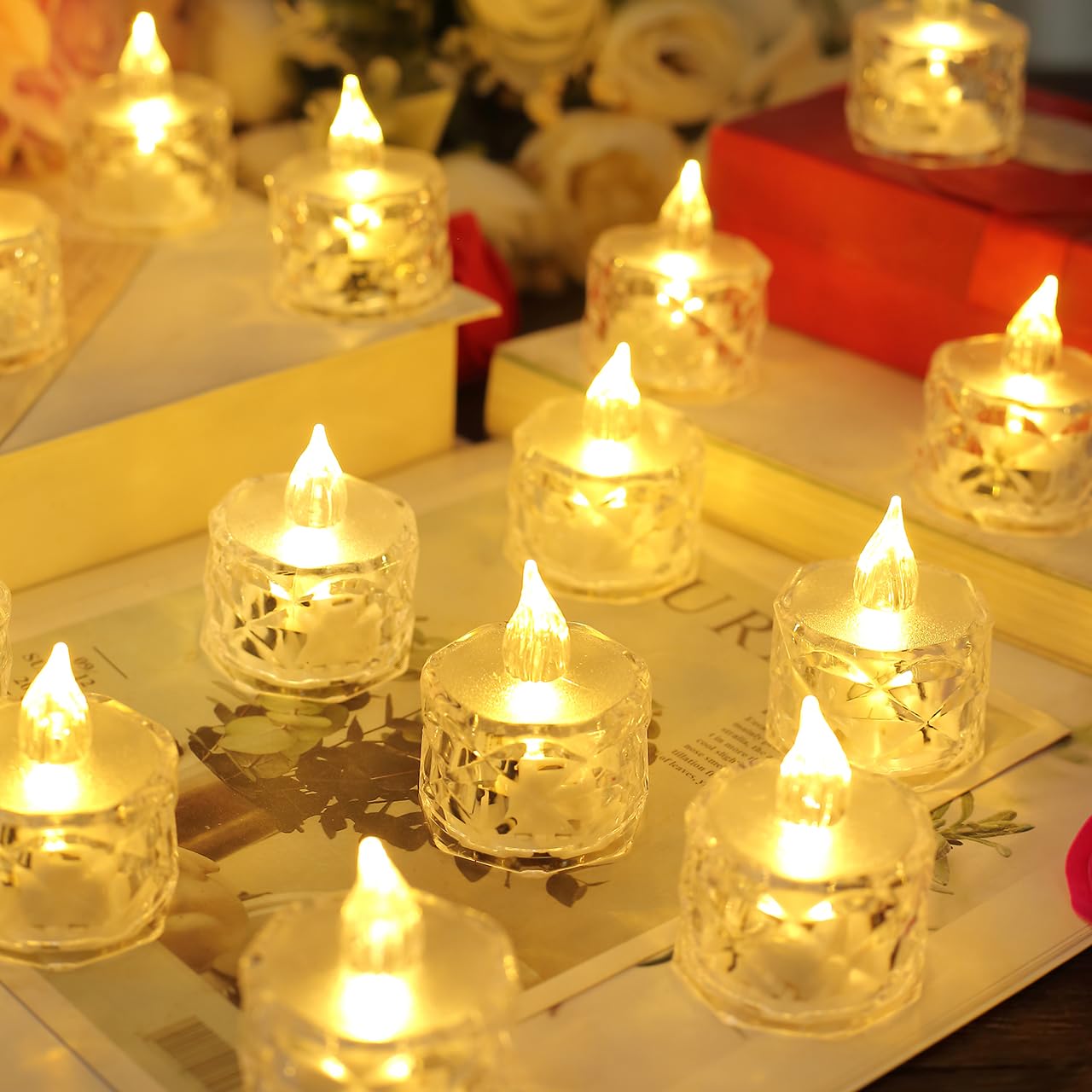 Mysmartbuy.com Clear Set Of 12 Faceted Led Tealights – Battery Powered Faux Light Up Flame-Free Candle Lights Home Decoration For Table, Windowsill, Mantlepiece & More – Each H5 X 3.8Cm Diameter