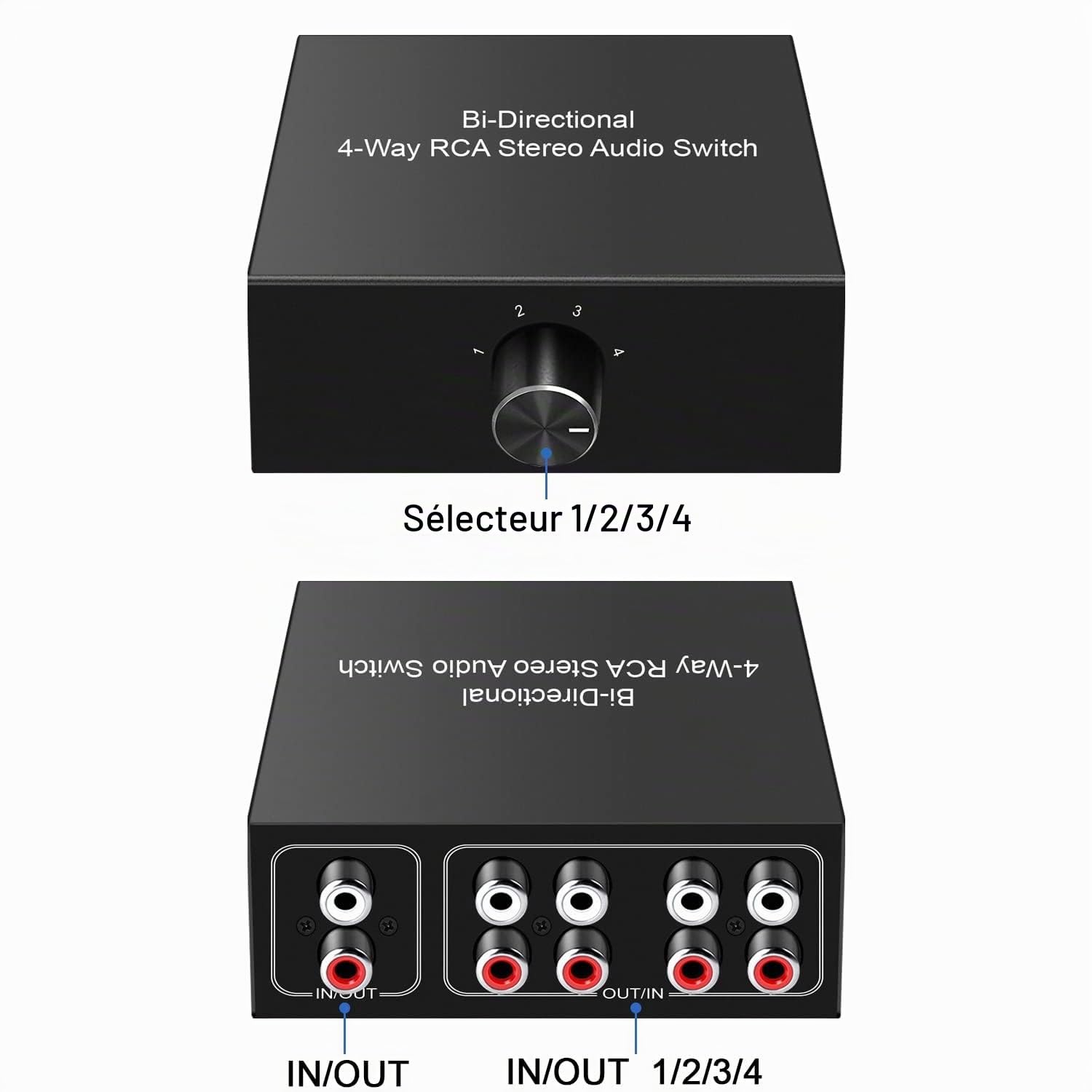 UNSTINCER Commutateur Audio RCA L/R Jack 1(4)-entrée-4(1)-Sortie, Analogique Stéréo Aux Switch Sélecteur Son Boitier pour Phono Casque Haut Parleurs HiFi Amplifiées Ordinateur PC, Métal