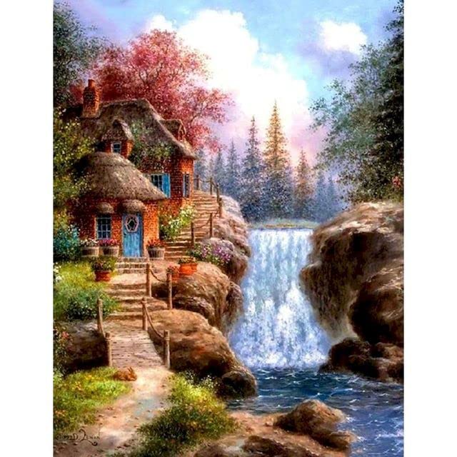 絵画手書き油絵川の風景0号