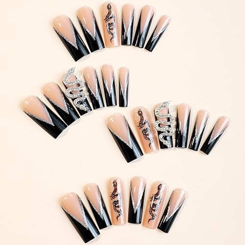Miniatura 2 de Uñas postizas negras con punta francesa a presión, uñas postizas largas cuadradas con pegamento de diamantes de imitación, uñas postizas brillantes