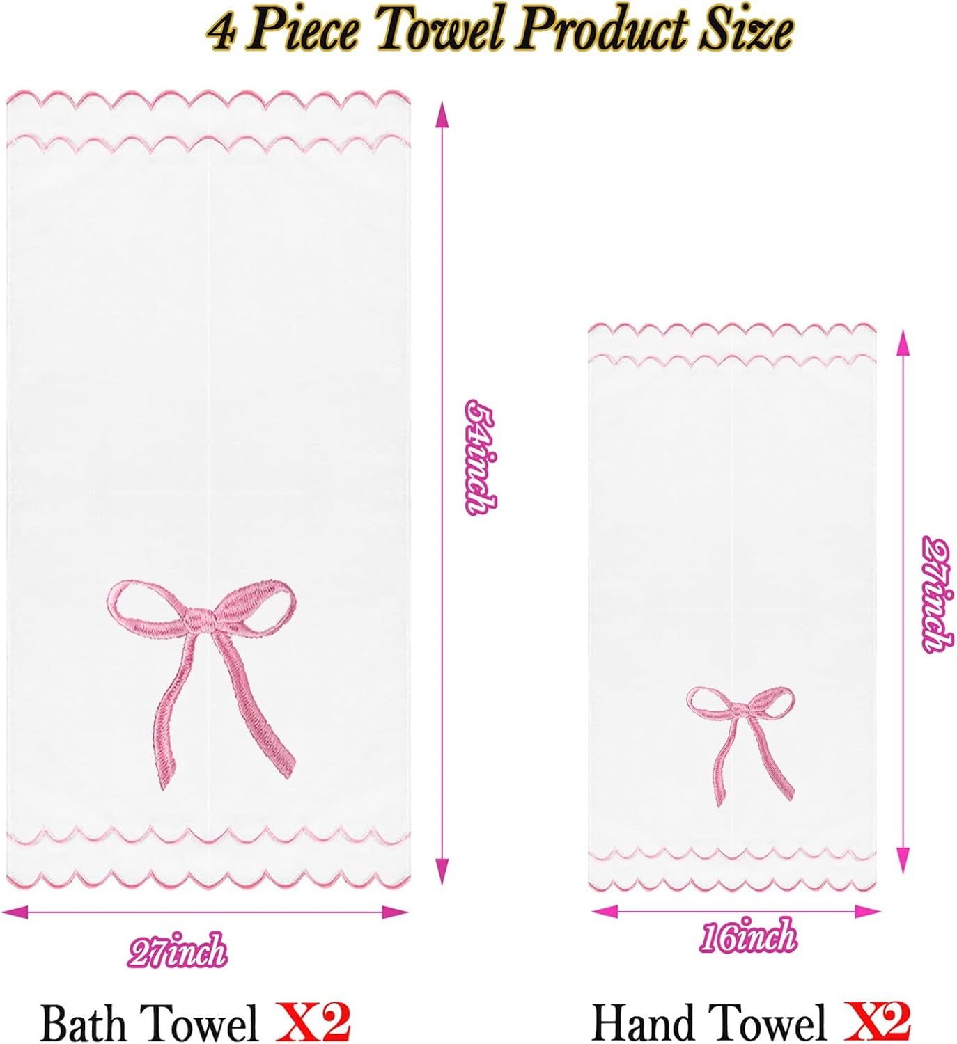 4 Pcs Scalloped Towels for Bathroom 100% Cotton 2 Bath Towels 2 Hand Towels Scallop Bathroom Towels Embroidered Dish Towel Decorative Soft Bath Towel for Kitchen (Bow Pink, 2*Bath+2*Hand towel) - Image 7