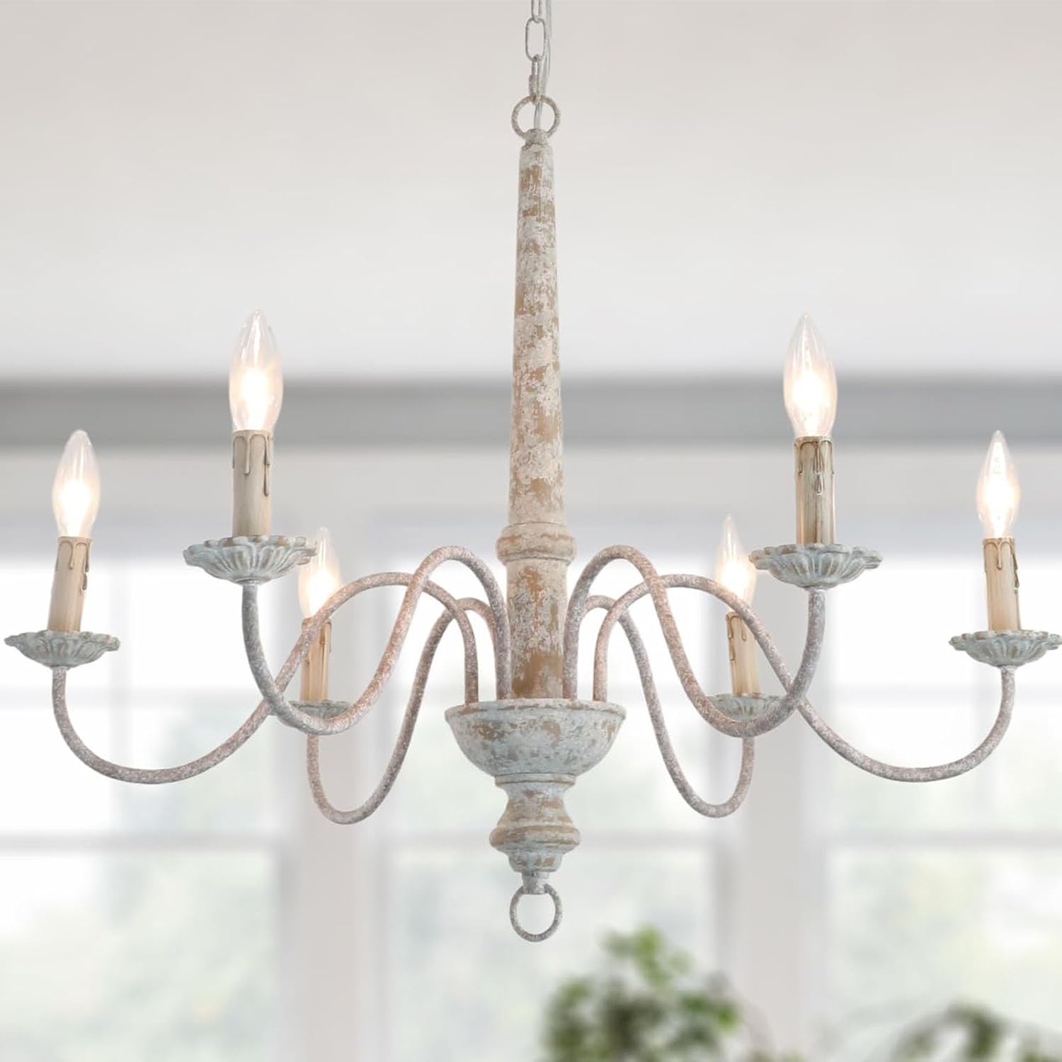 6-Light French Country Chandelier Farmhouse Rustic Distressed Wood Chandelier Vintage Modern Candle Style Wooden Metal Chandeliers for Dining Room, Living Room, Kitchen Island, Bedroom, E12