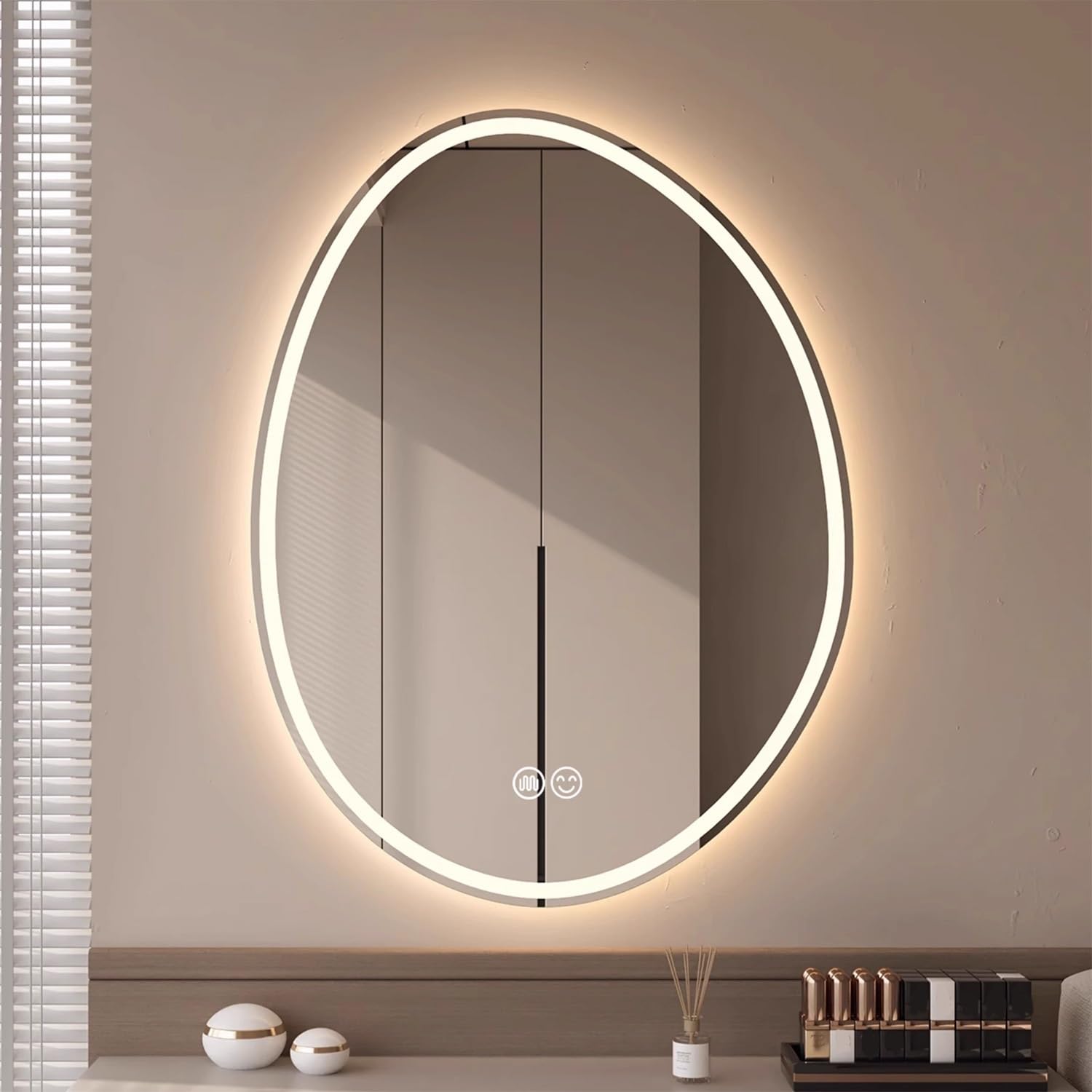 Miroir salle de bain LED anti-buée tactile de forme ovale irrégulière et dimmable