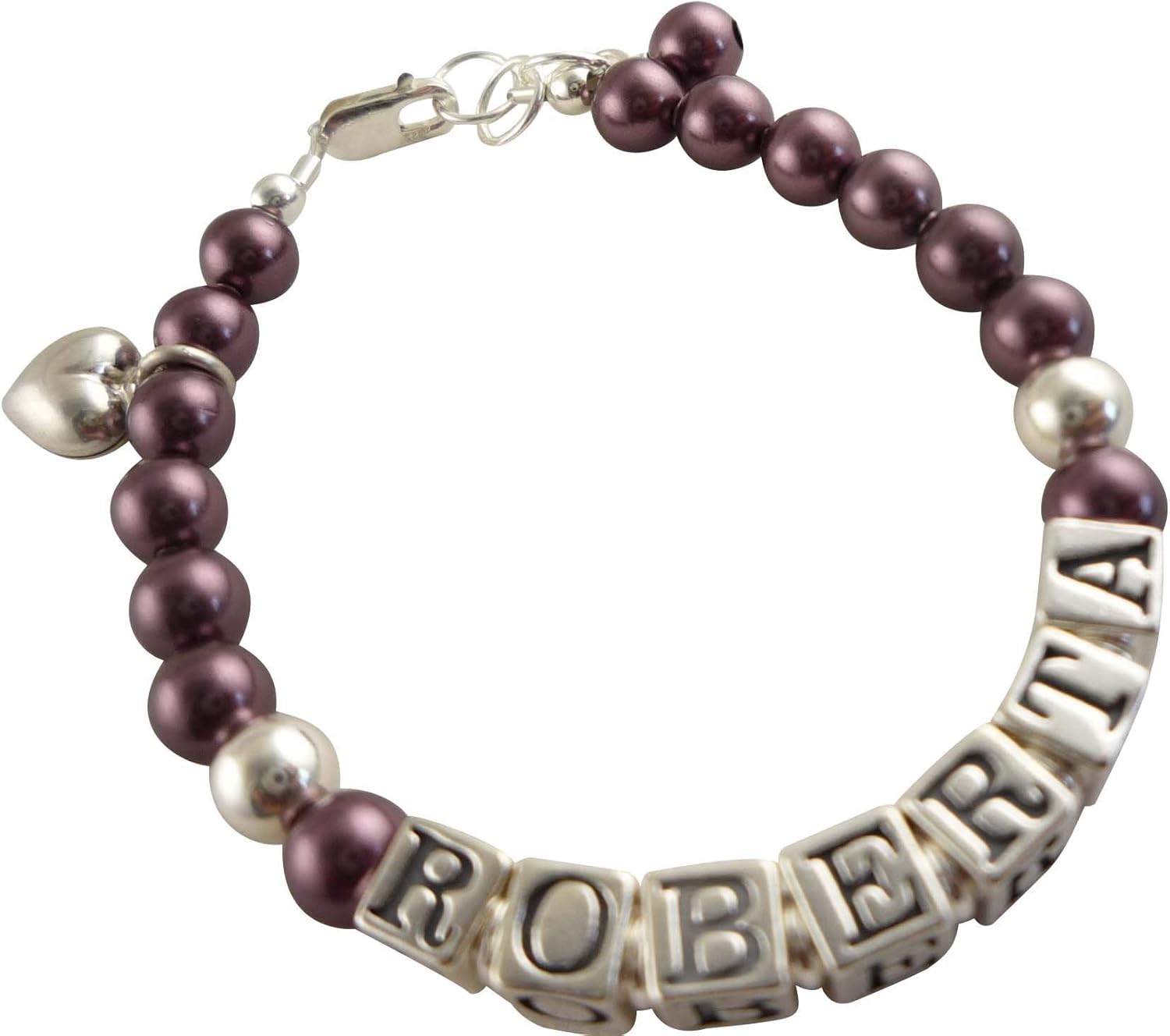 Bow Flip Flops Girls Name Bracelet with Burgundy Pearls and Heart Charm