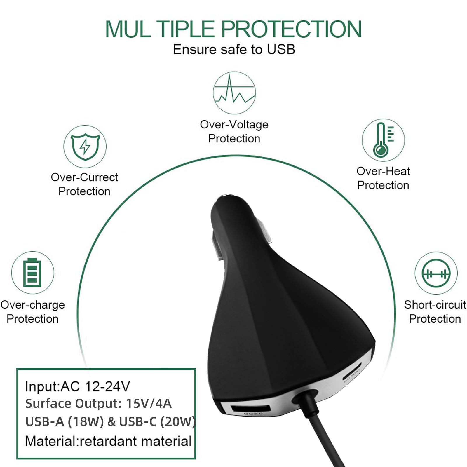 Surface Pro, caricabatteria da auto 65 W 15 V4 A, adattatore Sisyphy DC per veicoli con porte USB-A e USB-C, compatibile con Microsoft Surface Pro 11/10/7/6/5/4/3 Surface Go 3/2/1 Laptop 7/6/5/4/1