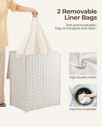 Miniatura 3 de Greenstell Cesta para la ropa sucia con 2 bolsas extraíbles, cesta de ropa dividida de 90 litros, cesta plegable de ratán sintético tejida a mano