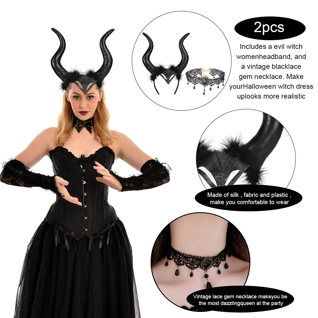 Corna Da Diavolo Per Halloween - Copricapo Maleficent Con Piume Per Costume