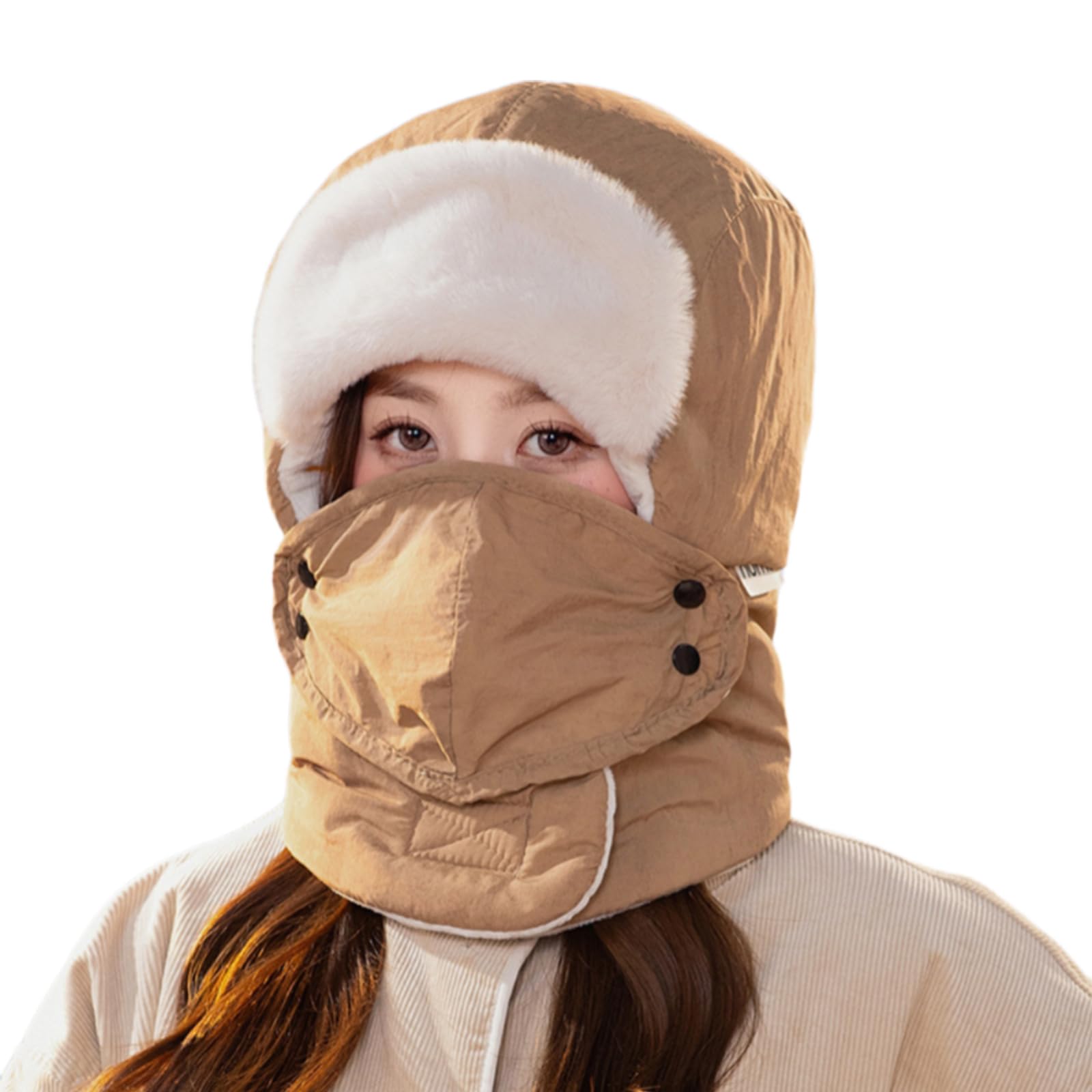 GRABAGECAN Ear Protective Fleece Trapper Hat Hooded Trapper Hat for Hiking Skiing Cold Weather Facecover Earflap Hat Headgear Khaki