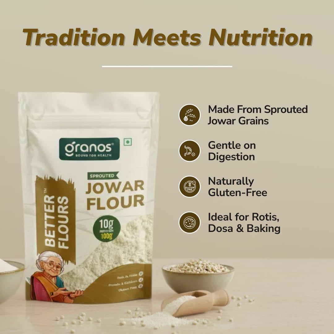 Granos Sprouted Jowar Flour 900g, Sorghum / Jowar Atta Pouch, High in Protein & Fiber, Gluten Free, Ideal for Rotis, Dosa, Baking, Help in Weight Loss, Diabetics, Gut Health, 100% Whole Grain (Pack of 1) - Image 3 thumbnail