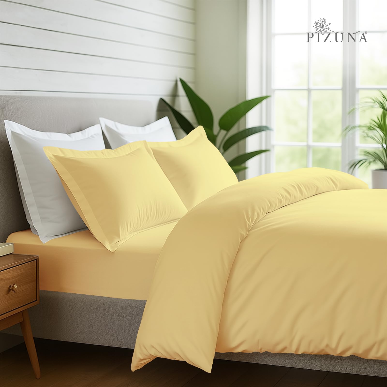 Pizuna Pure Combed Cotton Superking Bedding Set, 600 Thread Count 100% Long Staple Cotton, Soft Sateen Duvet Cover with 2 Pillow Cases & 40 cm Deep Fitted Sheet - Mellow Yellow, Superking