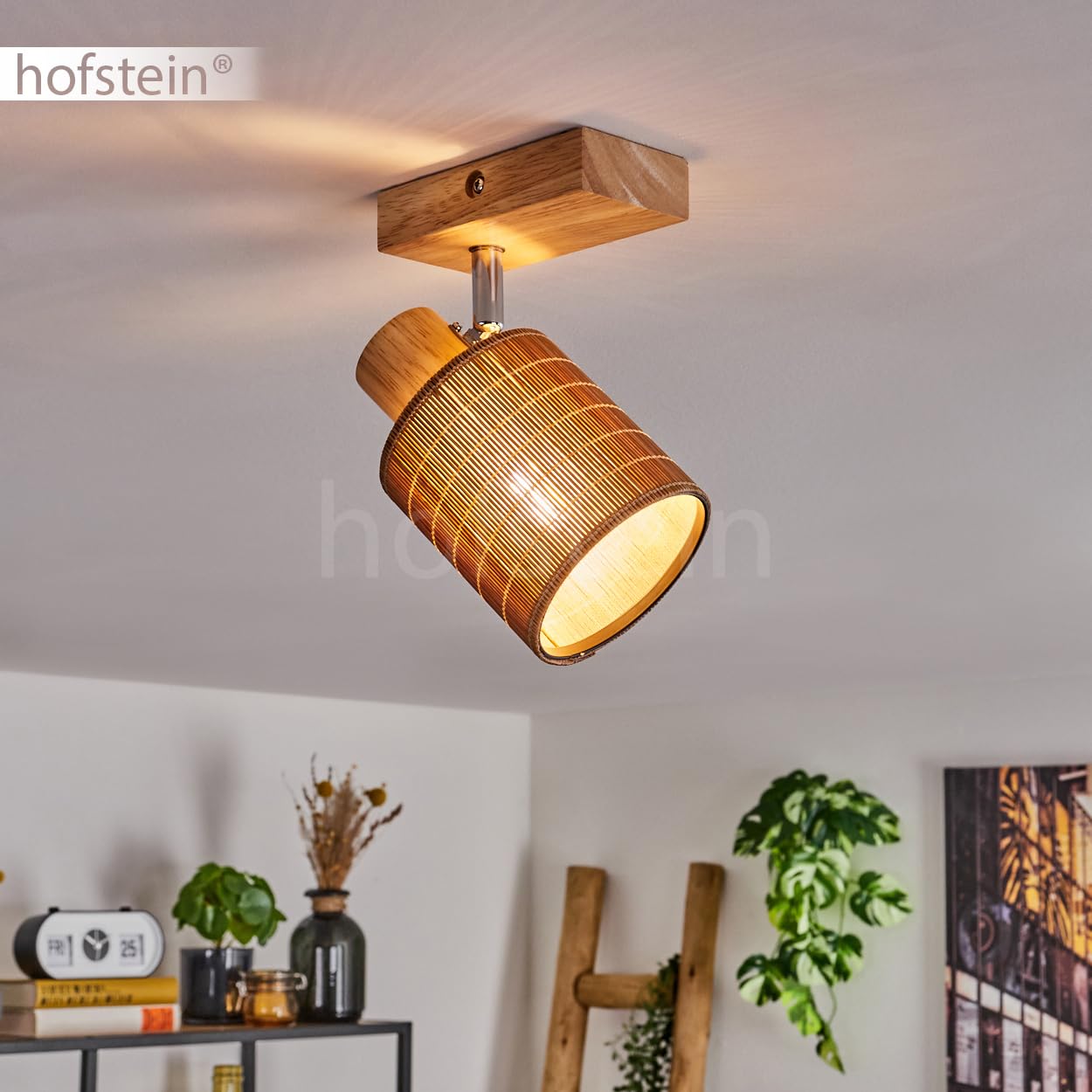 Lampada da soffitto Kinnared, lampada moderna in legno/metallo/bambù nei colori naturali/cromati/marrone, a 1 luce dal design scandinavo con riflettore regolabile, x E14, senza lampadina