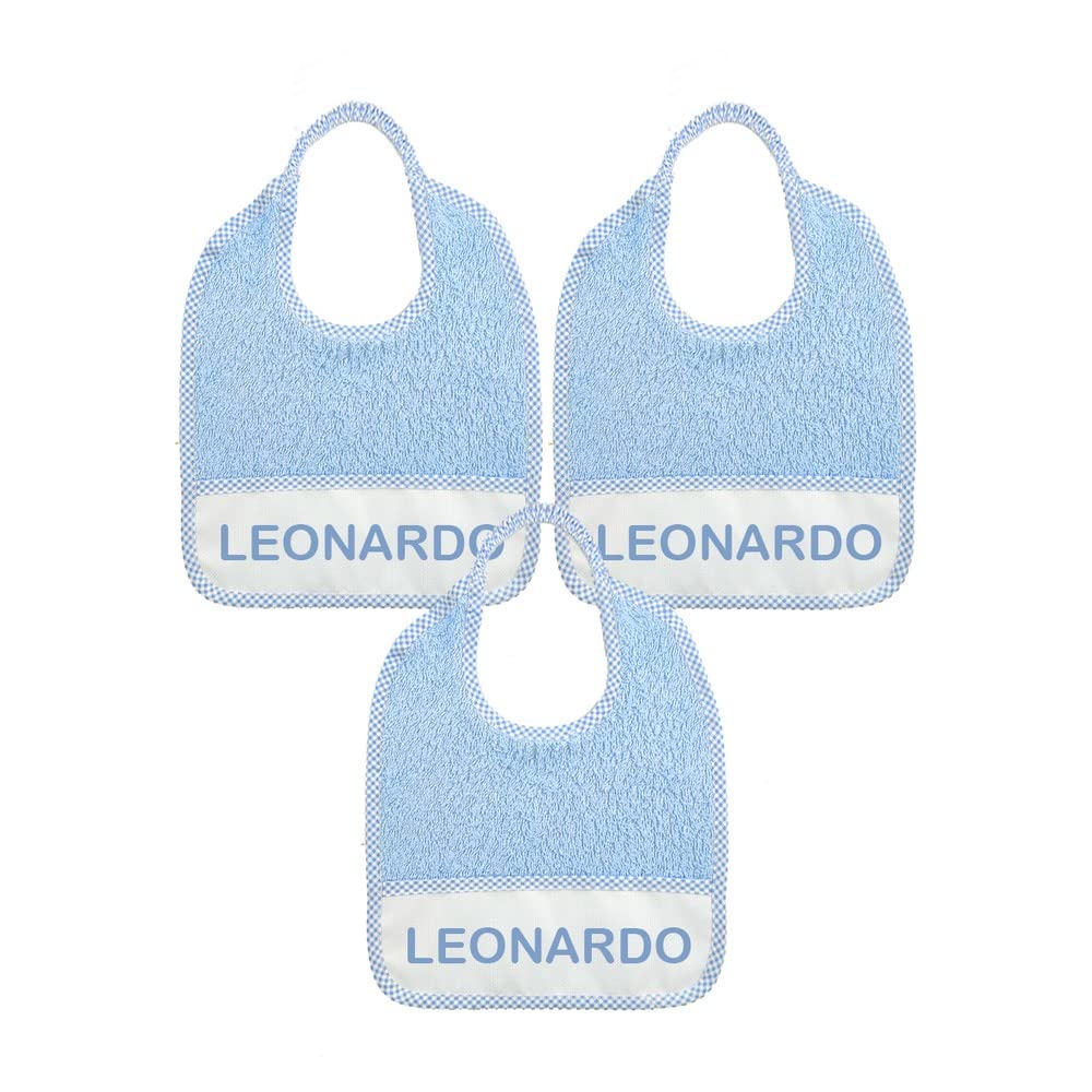3 bavaglini personalizzati con nome misura cm.24x27 in spugna con elastico e tasca raccogli briciole personalizzata con nome - 100% cotone - made in italy