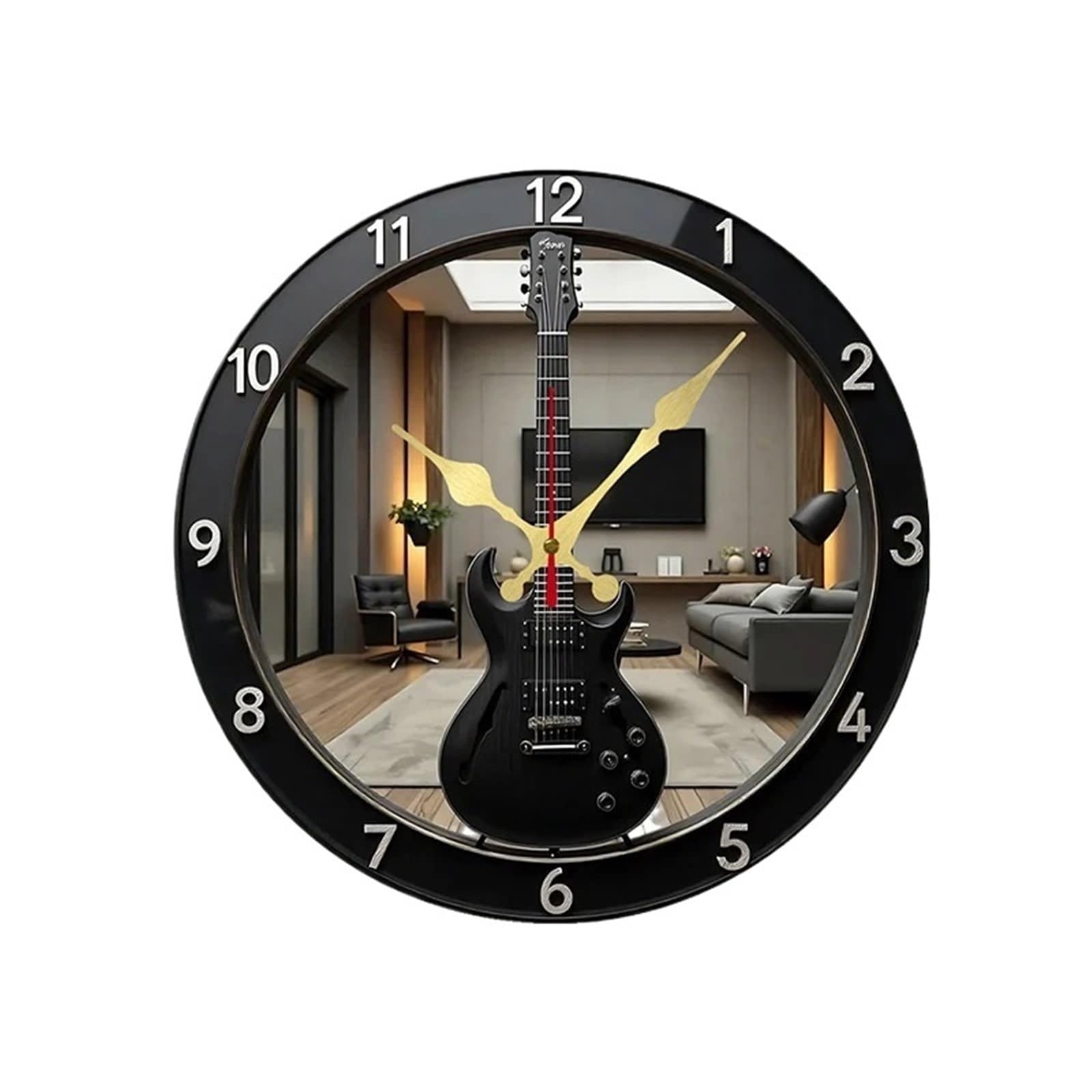 DJSKLDF Wall clock 2D Flat Electric Guitar-Shaped Wooden Round Silent Hanging Wall Clock, For Living Room,Office,Study,Bedroom,Home Decoration