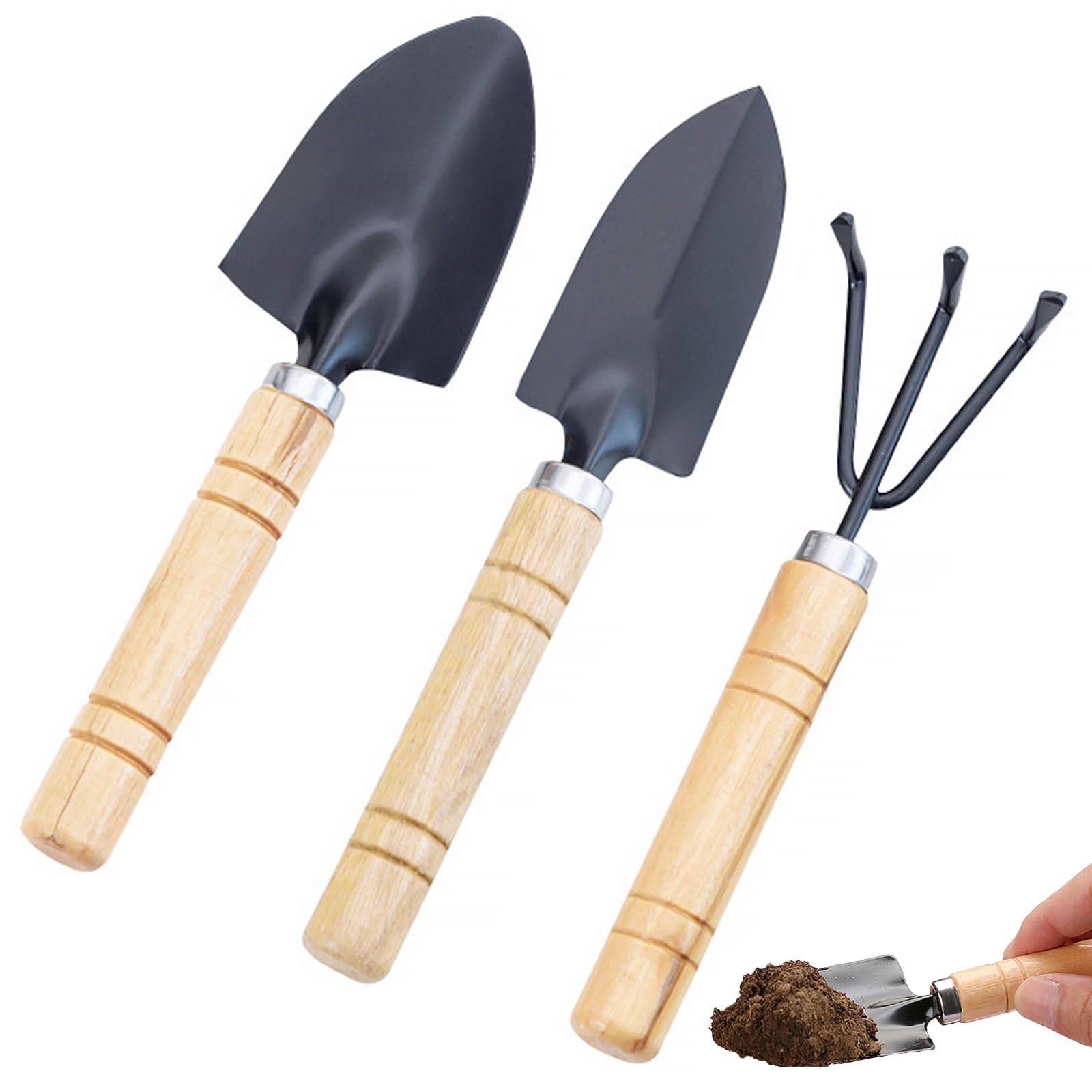 DayakeMini garden tools, 3-piece steel gardening kit, including hand shovel, transplant shovel, and hand rake, with wooden handle, suitable for small potted plants, ideal mini gardening tool set