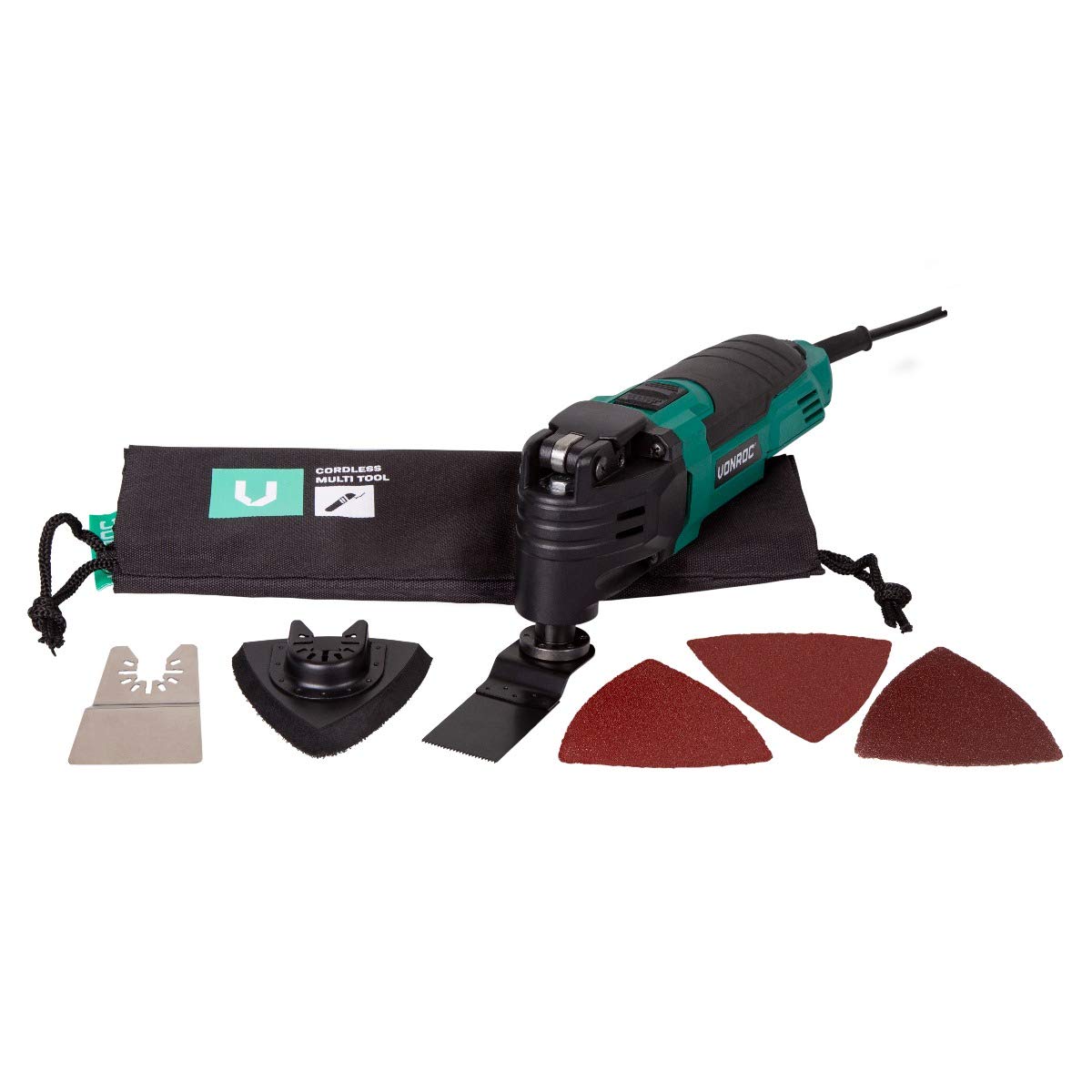 VONROC Outil Multifonction Oscillant 300W-6 Accessoires, Sac de Rangement-1 Outil Oscillant Multifonction 1 lame de Scie Universelle 1 Couteau à Gratter 1 Plaque de Ponçage 3 Feuilles Papier de Verre