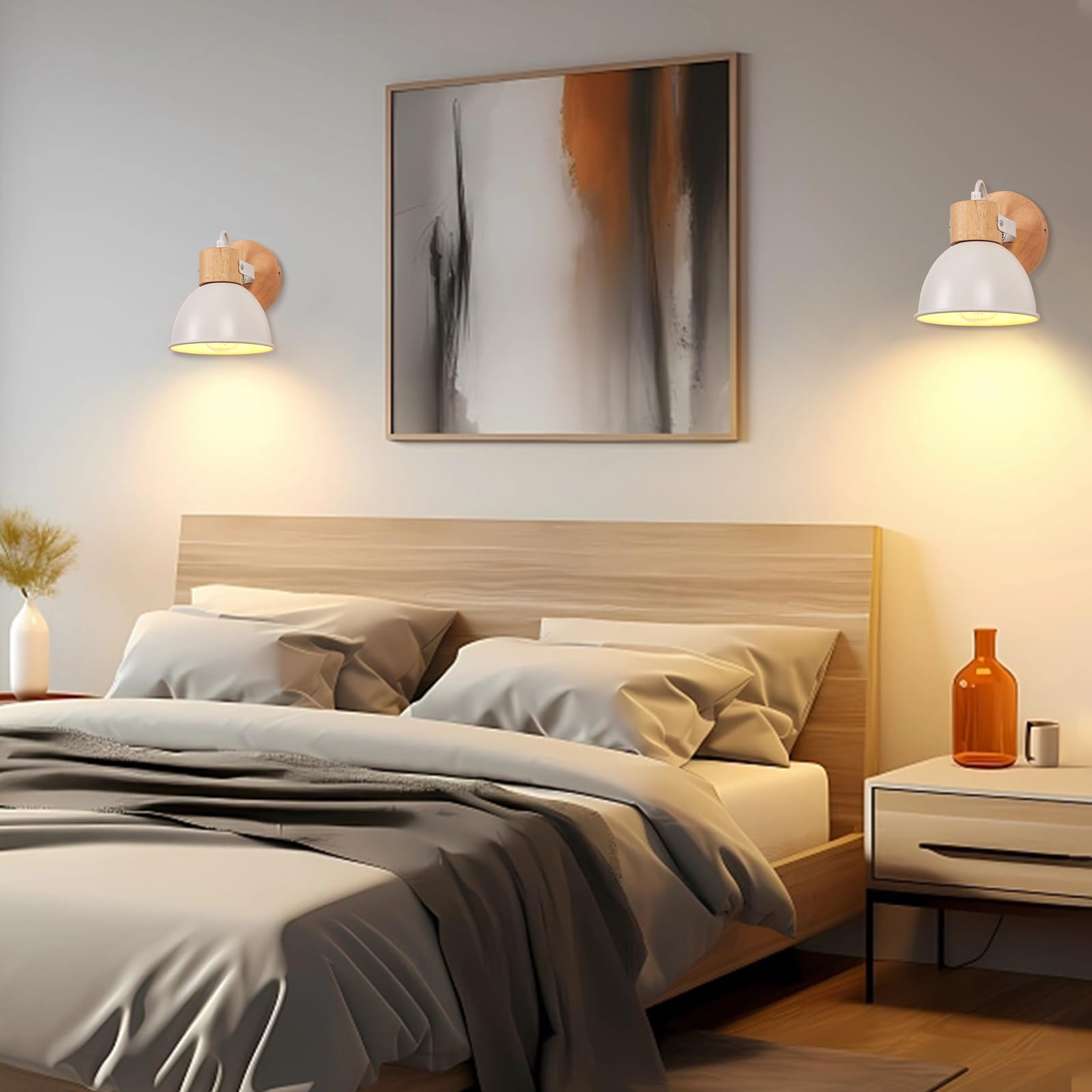 iDEGU Applique Murale Interieure Spot LED 15cm Rétro Lampe Murale Insustrielle en Bois Fer Design Vintage Luminaire Réglable Lustre Plafonnier E27 Éclairage Mural pour Chambre Cuisine Salon(Blanc Mat)