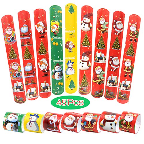 TUPARKA 45 PCS Braccialetti di Schiaffo Natalizio Slap Wrist Bands con Babbo Natale Pupazzo di Neve Modelli di Albero di Natale per Bambini Festa di Natale Borsa Borsa Goodie Bag Little Toys (45 PCS)