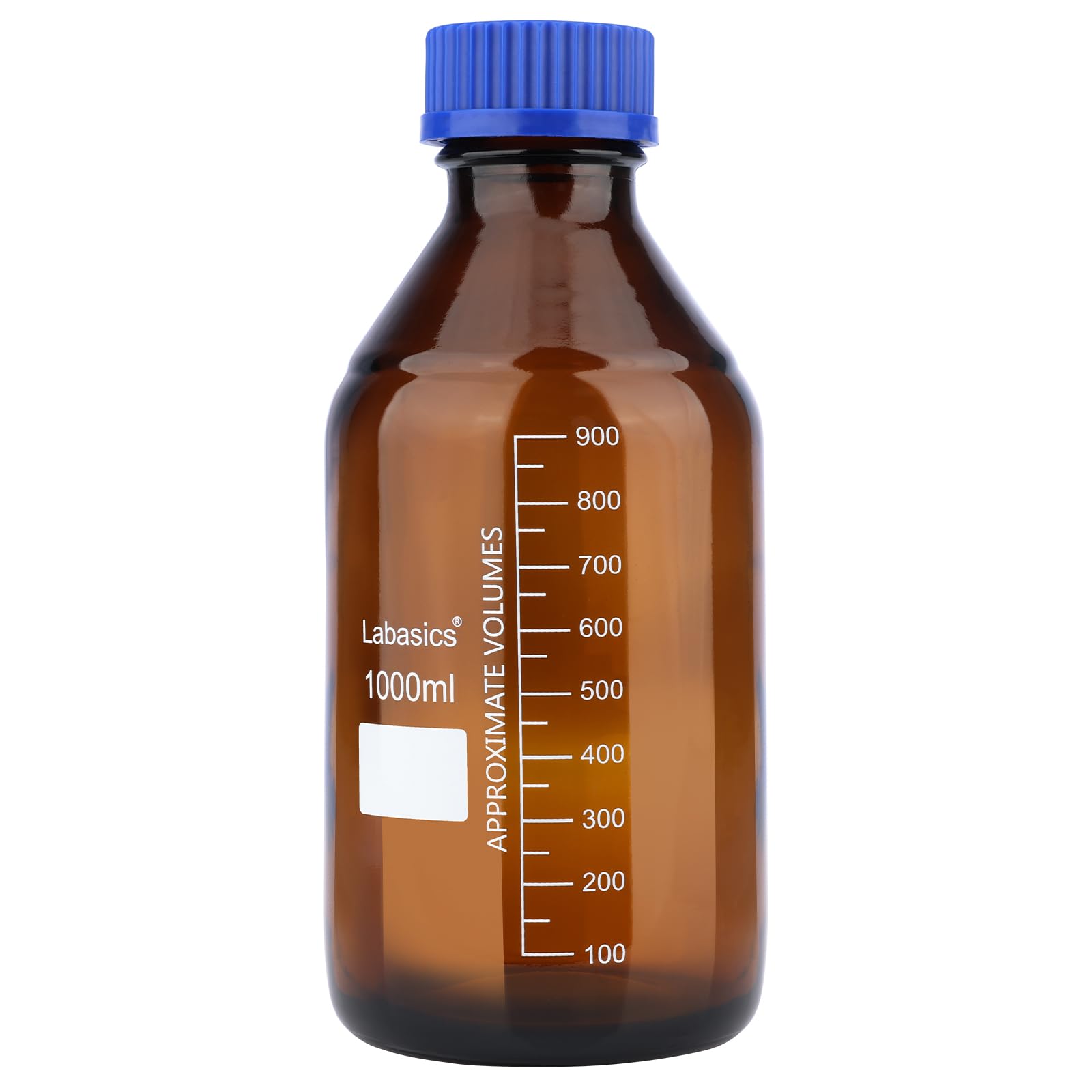 Labasics Reagent Media Storage Bottles, 1 Pack Amber Glass Graduated Round Bottles for Lab Reagent Media Storage Bottles with Blue Screw Cap, 1000 ml
