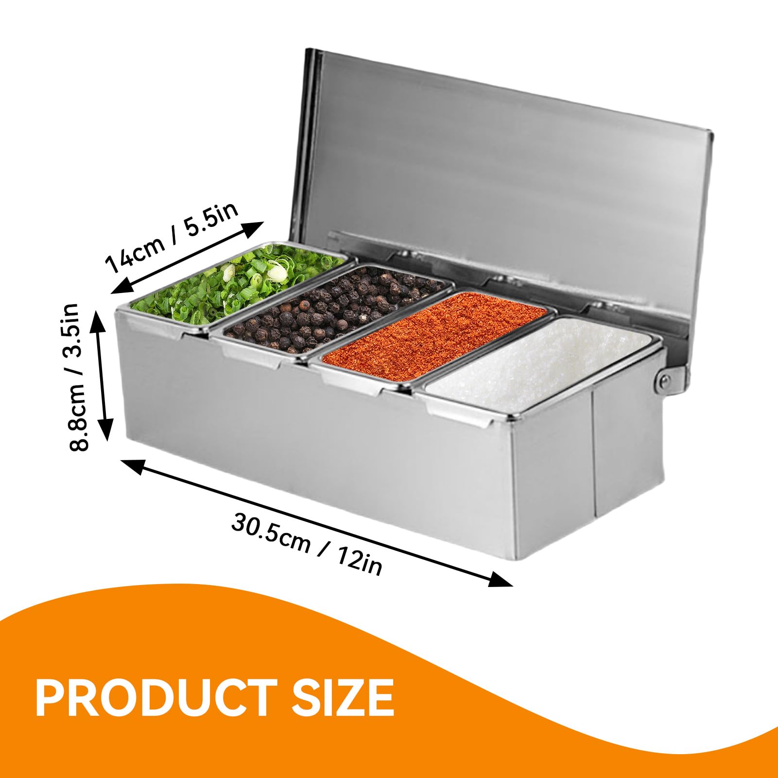 Stazione per condimento per pizza in acciaio inox, 4 scomparti, con coperchi e cucchiai per una facile preparazione e conservazione degli ingredienti, perfetta per pizzerie e chef domestici