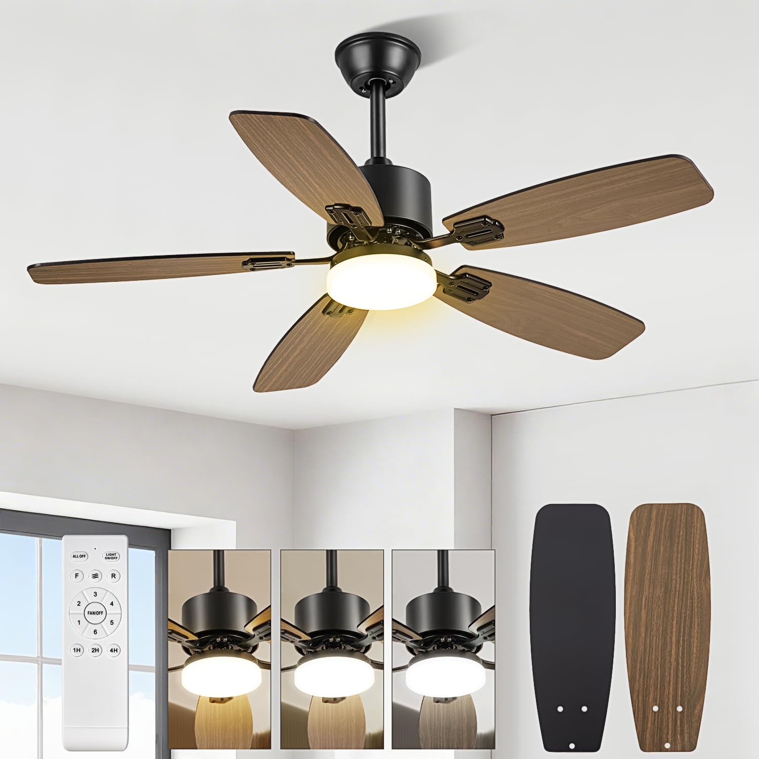 Ventilador De Techo Con Luz De 44 Pulgadas/112 Cm, Abanico De Techo Con Luz Y Control Remoto, Lampara Ventilador De Techo De 5 Aspas Para Interior Con 3cct, 6 Velocidades, Motor Reversible