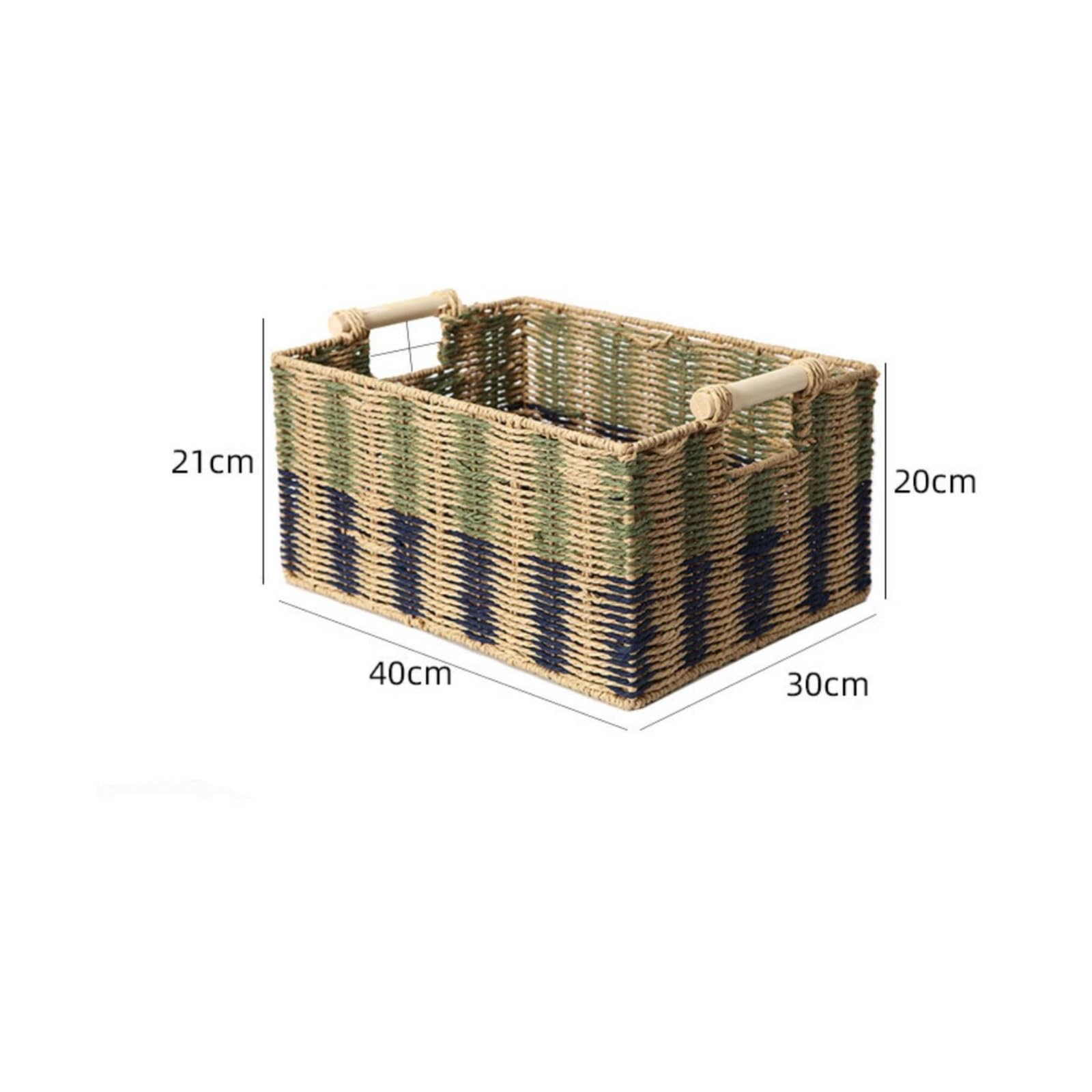 Cesta Cuerda Papel Rectangular Cesta con Rústico Connedor para Salón, Cocina, 40x30x20 Cm, Estilo Rural Con Diseño De Colores Contrastantes Y Asas De Madera, Tamaño Grande