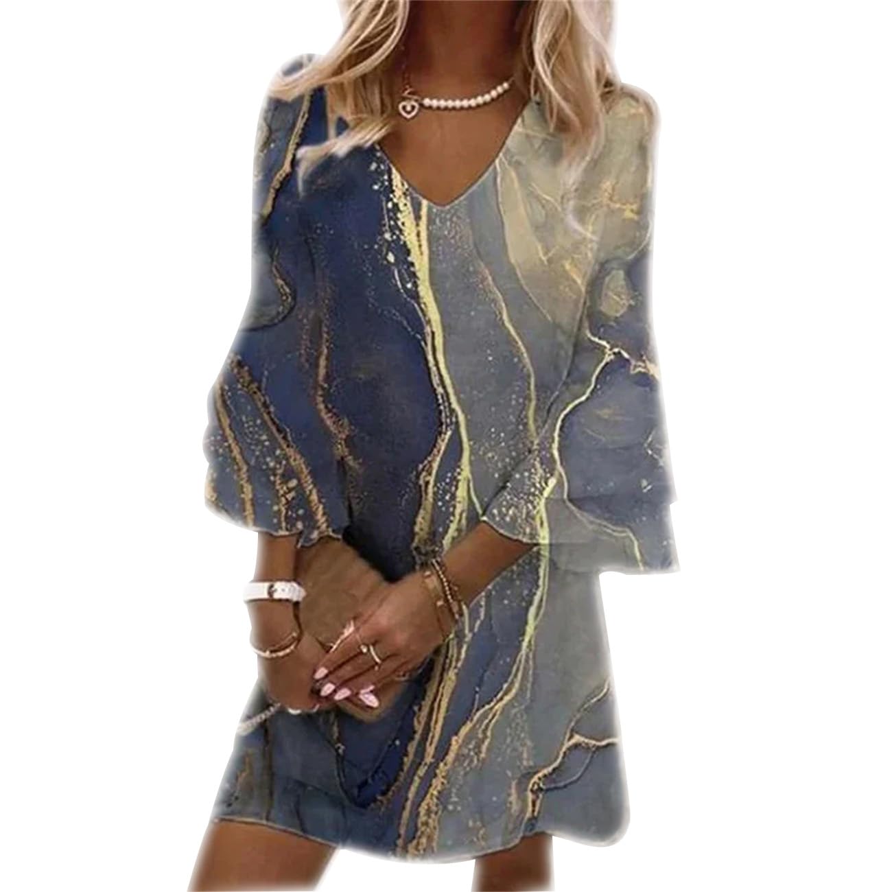 HFDHD Vestido de Verano con Mangas Acampanadas,Mini Vestido Casual con Mangas Acampanadas y Cuello en V,Vestidos de Primavera de Talla Grande para Mujer 2024
