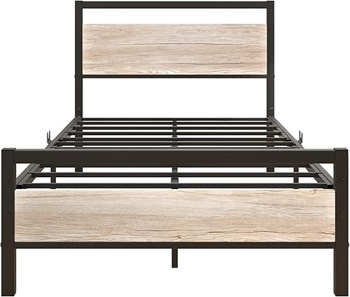 Miniatura 4 de HOJINLINERO Marco de cama individual con cabecera de madera, marco de cama de metal con plataforma individual, no necesita somier, listones de acero