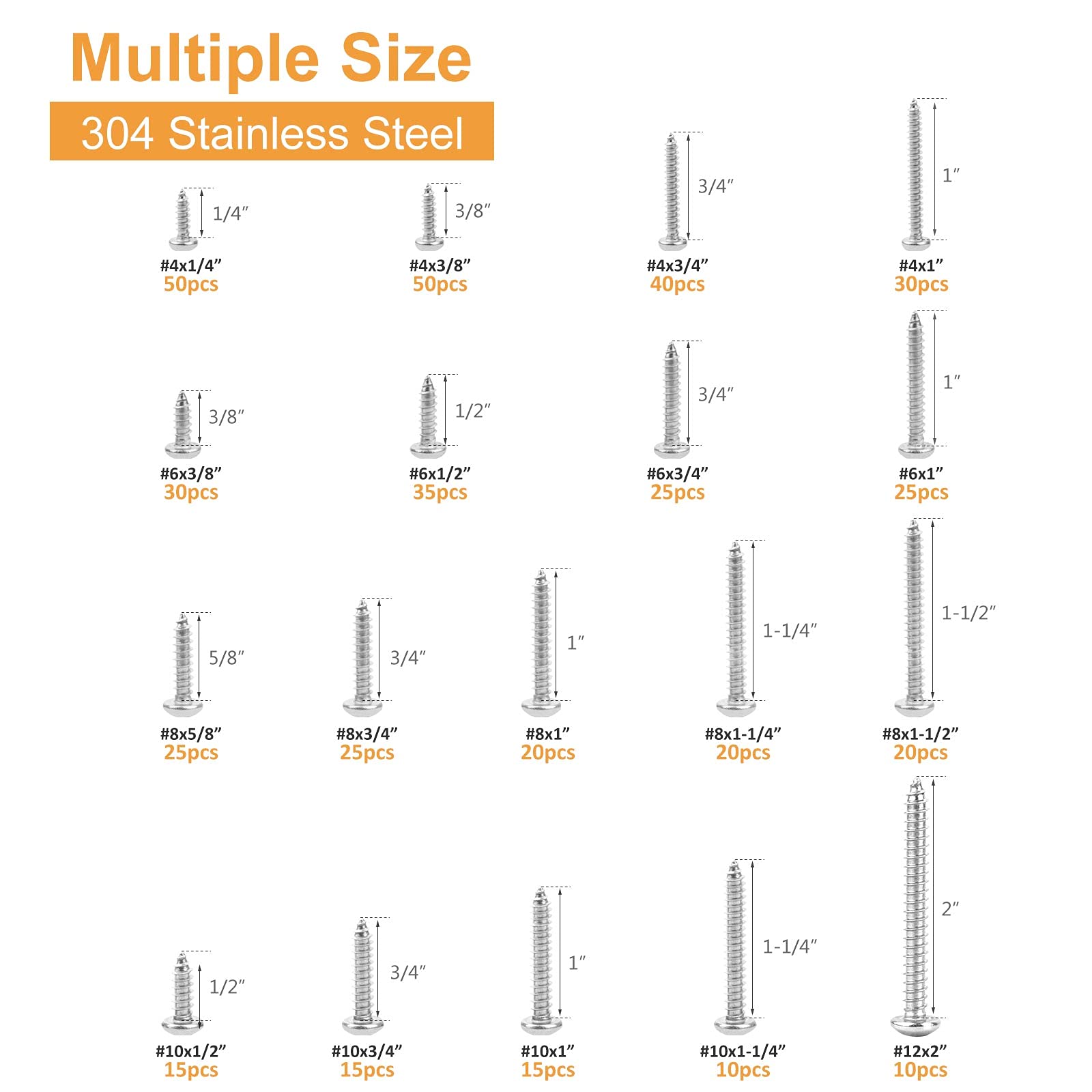 VIGRUE 460pcs Pan Head Phillips Drive Wood Screws, Self Tapping Screws Assortment Set, 4,#6,#8,#10,#12, 304 Stainless Steel Self Tapping Screw Assortment kit