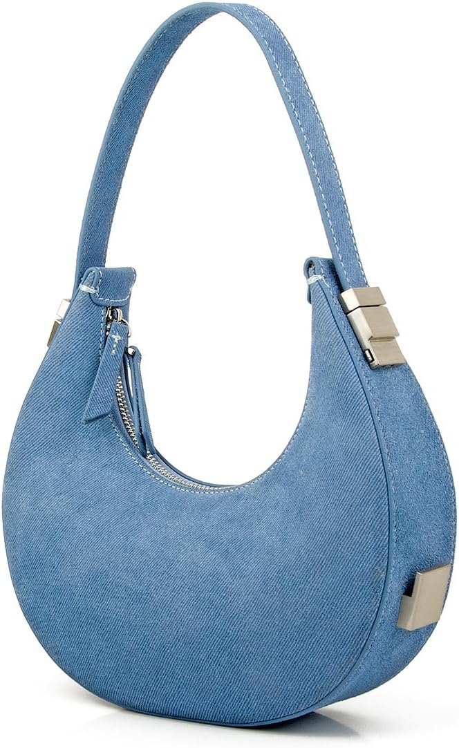 Trendy Denim Suede Leather Small Hobo Handbags for Women, Genuine Leather Crescent Hobo Bag Purses