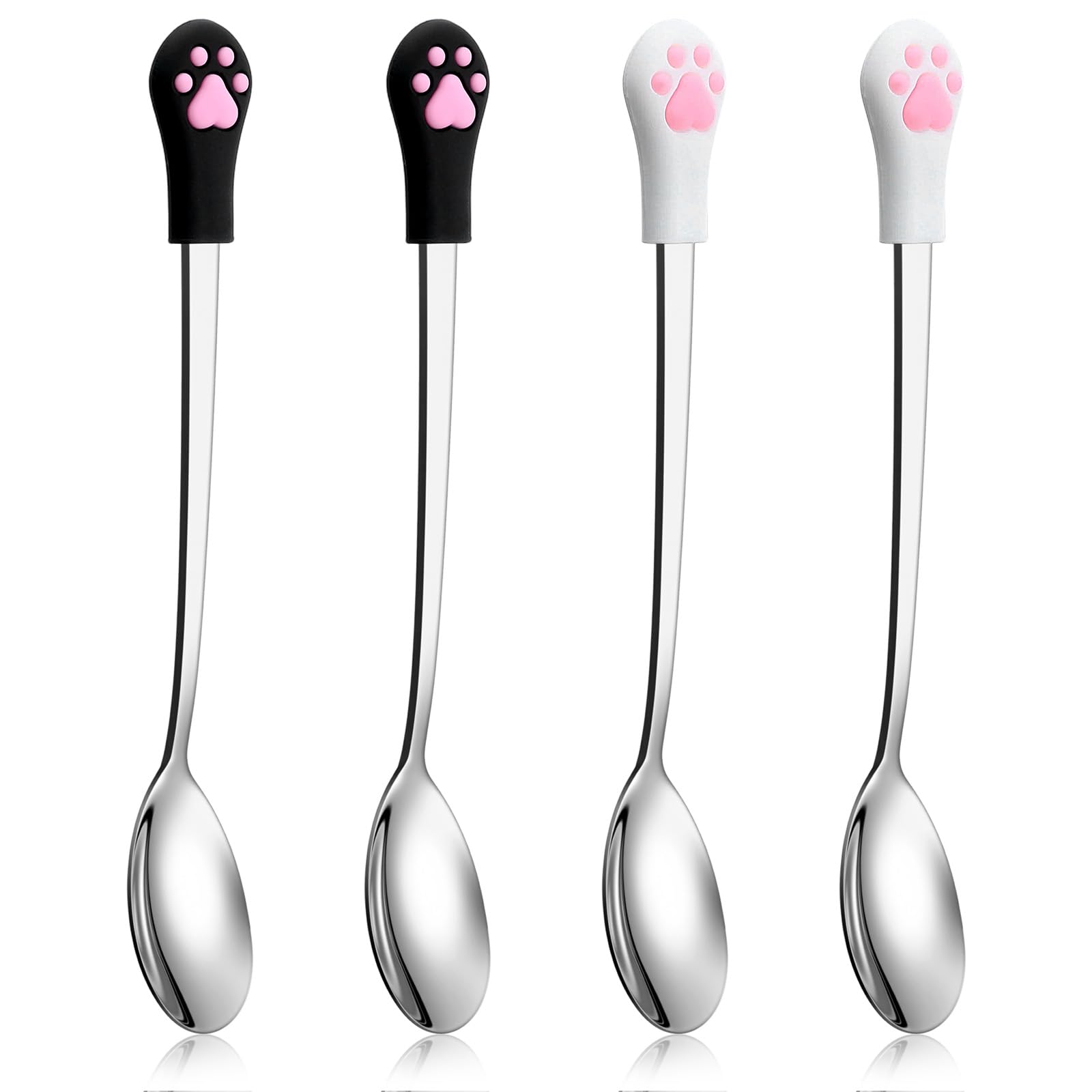 4 Pcs Cat Food Spoon, Cat Spoons for Wet Foods Cute Paw Cats Can Spoon with 5.9 In Long Handle Stainless Steel Pet Food Scoop Silicone Pet Claw Mixing Spoons for Dog and Cats Foods Can (White & Black)
