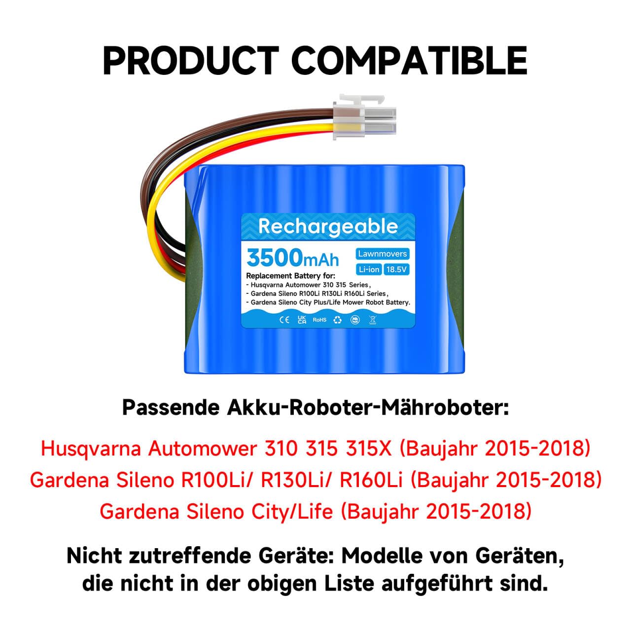 18,5V/ 3500mAh Tondeuse Batterie pour Husqvarna Automower 310,315,315X (2015-2018), pour Gardena Sileno R100Li/ R130Li/ R160Li, pour Gardena Sileno City/Life 250 500 (années 2015-2018) 584 82 28-01/02
