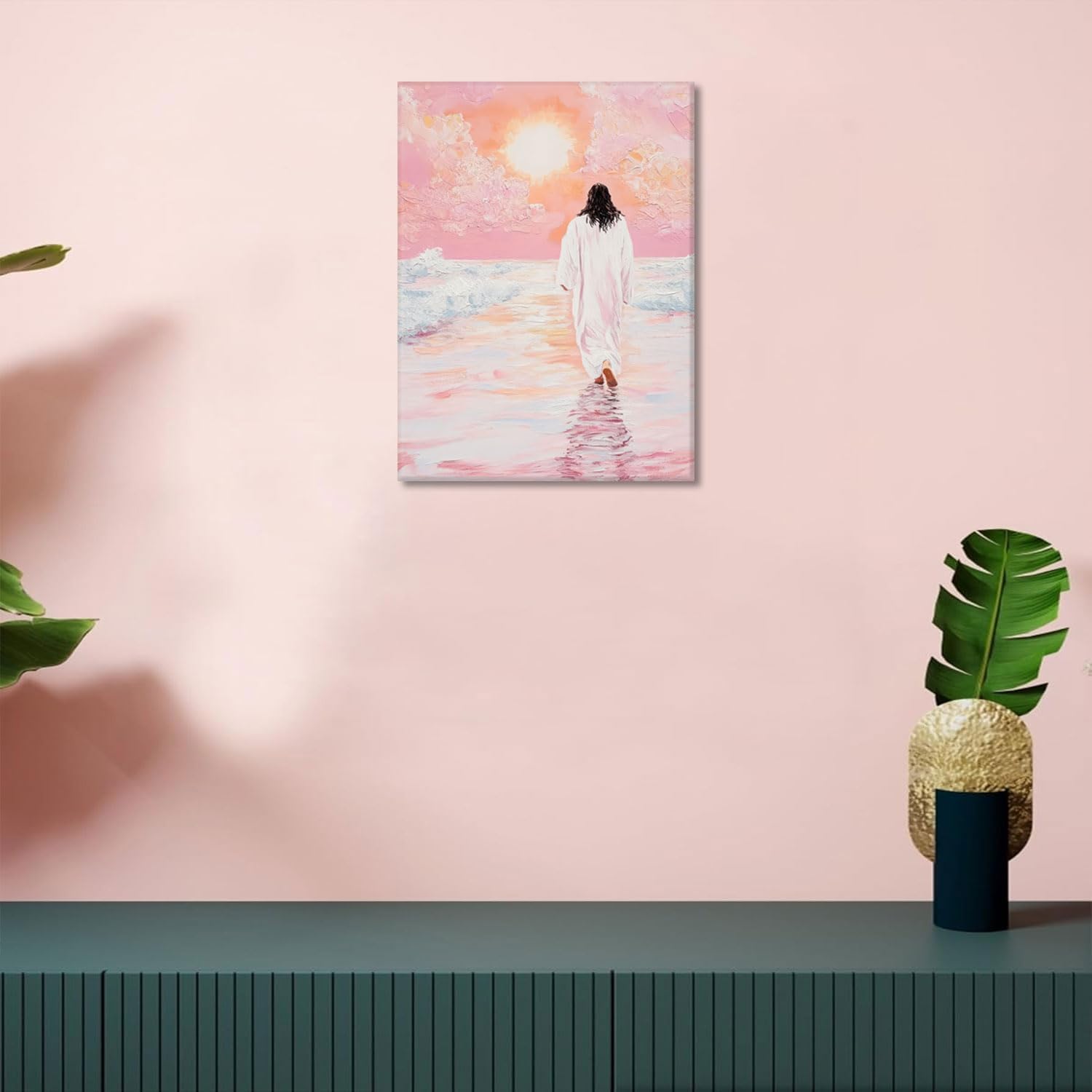 Pink Jesus Walking On Water Canvas Wall Art Jesus Sunset Walk Wall Decor Paintings Religious Christian Posters Prints for Living Prayer Room Church Home Decoration 16x24in Ready to Hang