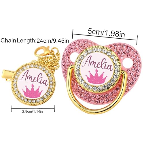 Miniatura 2 de Chupete personalizado con foto y texto, juego de clip de cadena de diamantes de imitación para recién nacido, regalo para bebé (dorado)