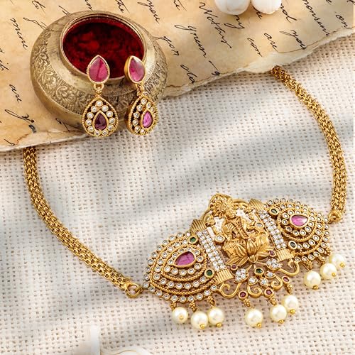 Image of Rubans Necklace Set Temple Style Cubic Zirconia Jewellery Gift for Women & Girls
