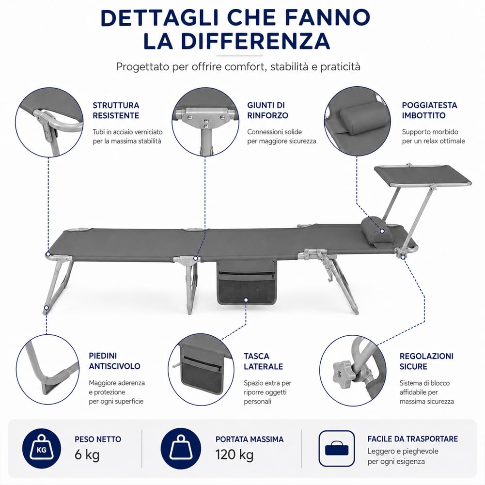 BAKAJI Set 2 Lettini Pieghevoli da Spiaggia per Esterno, Sdraio da Mare con Parasole Reclinabile e Cuscino Ergonomico, Struttura Salvaspazio e Tasca Portaoggetti, Rivestimento Traspirante (Grigio)