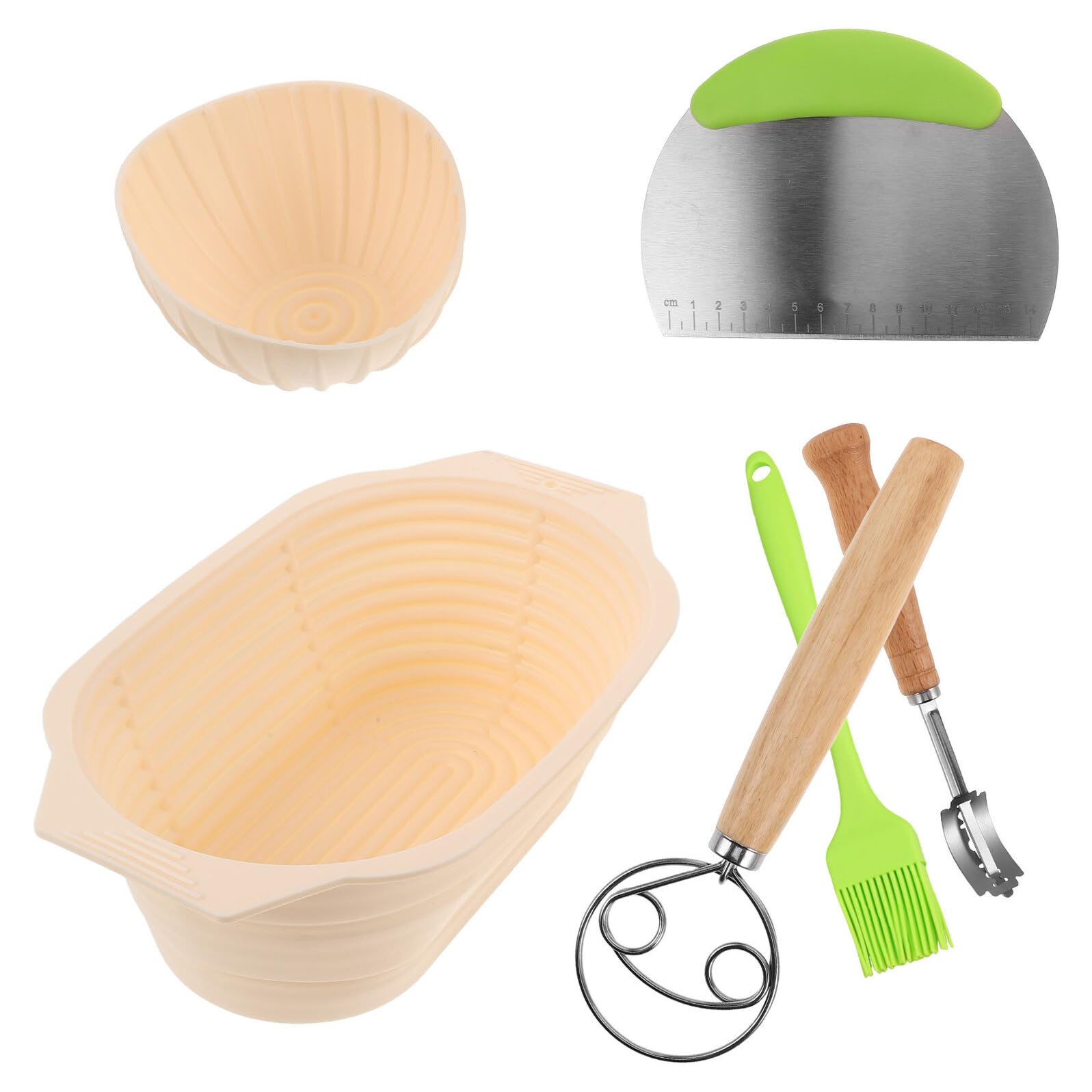 OSALADI Juego de Cestas para Fermentar Pan Masa Madre, Kit de 6 Piezas Cesta Ovalada y Cuenco Pequeño de Silicona Beige, Accesorios para Hornear Pan Casero, Herramienta Cepillo y Cortador