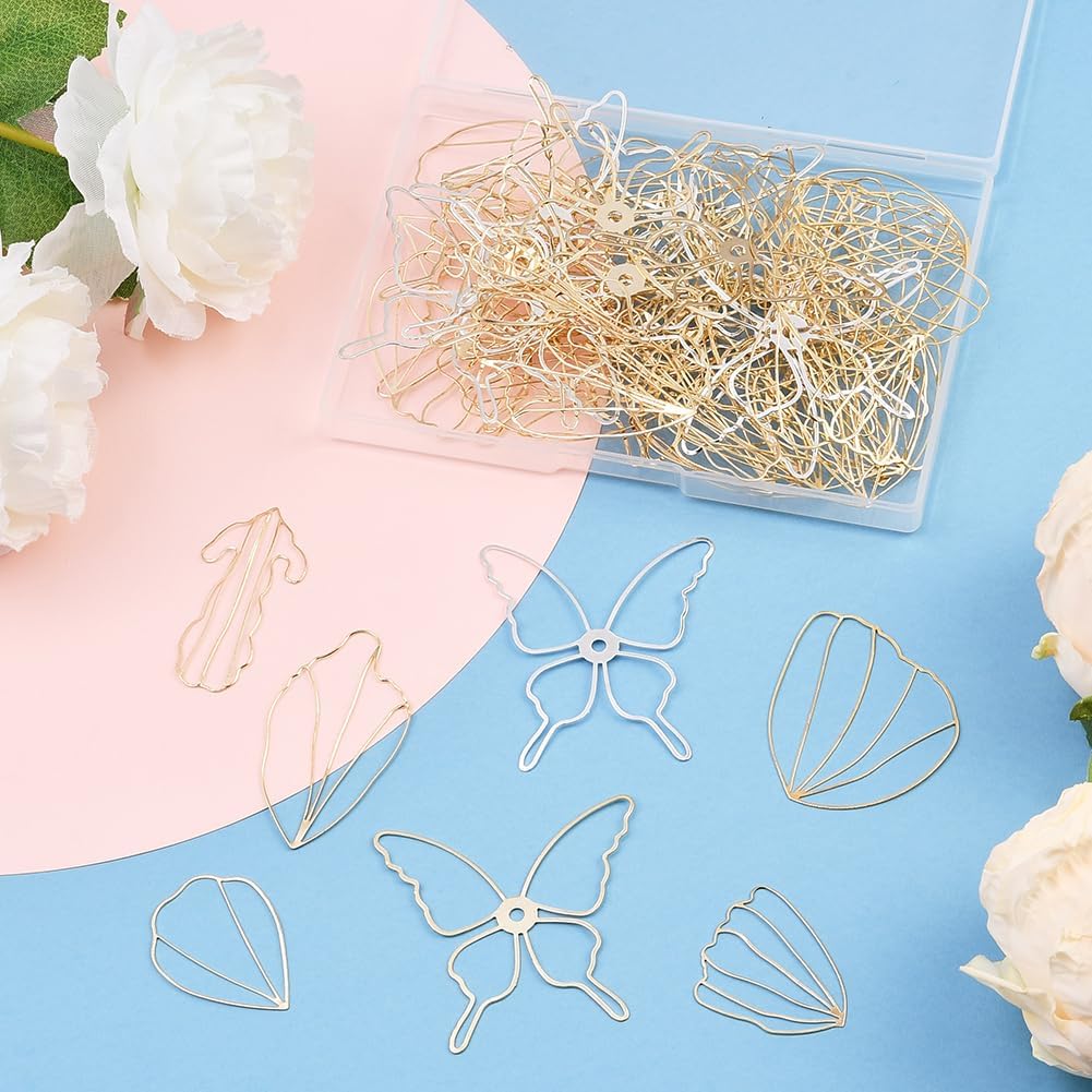 SUNNYCLUE 1 Box 70Pcs 7 Styles Flower Shaped Bezels Open Bezel Pendant Frame Silver Gold Butterfly Nuggets Leaf Iron Hollow Back Charms Findings for UV Resin Jewelry Making Earrings Necklace DIY Craft - Image 7