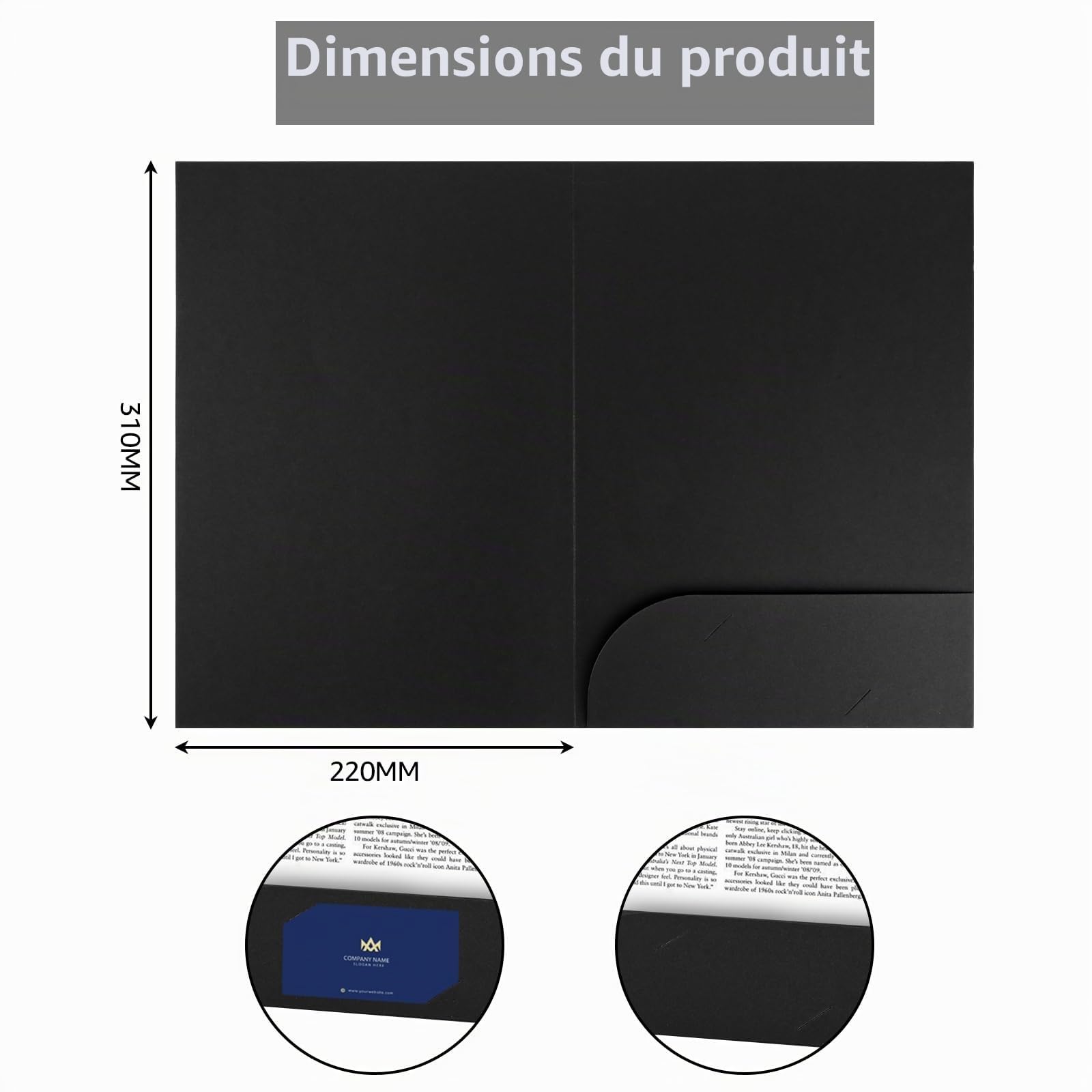 CYEER Lot de 20 Chemises de Présentation A4 en Papier Kraft Noir, Pochette à Rabats avec Fente pour Carte de Visite, Porte-Documents Professionnel pour Bureau, Séminaires, Études et Entretiens