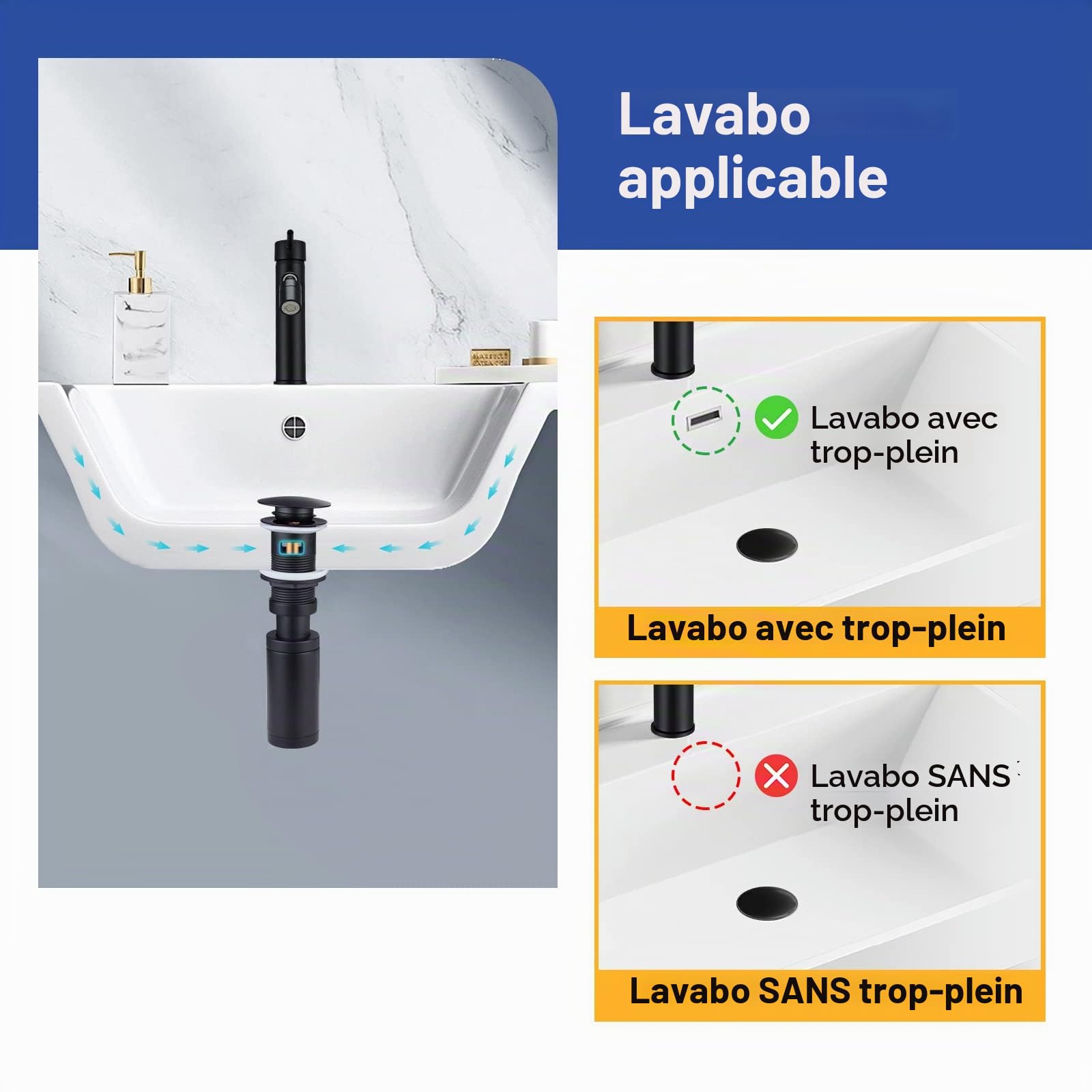 Siphon avec vidage, siphon noir pour lavabos et avec trop-plein, siphon bouteille 1 1/4 x 32 mm, réglable en hauteur