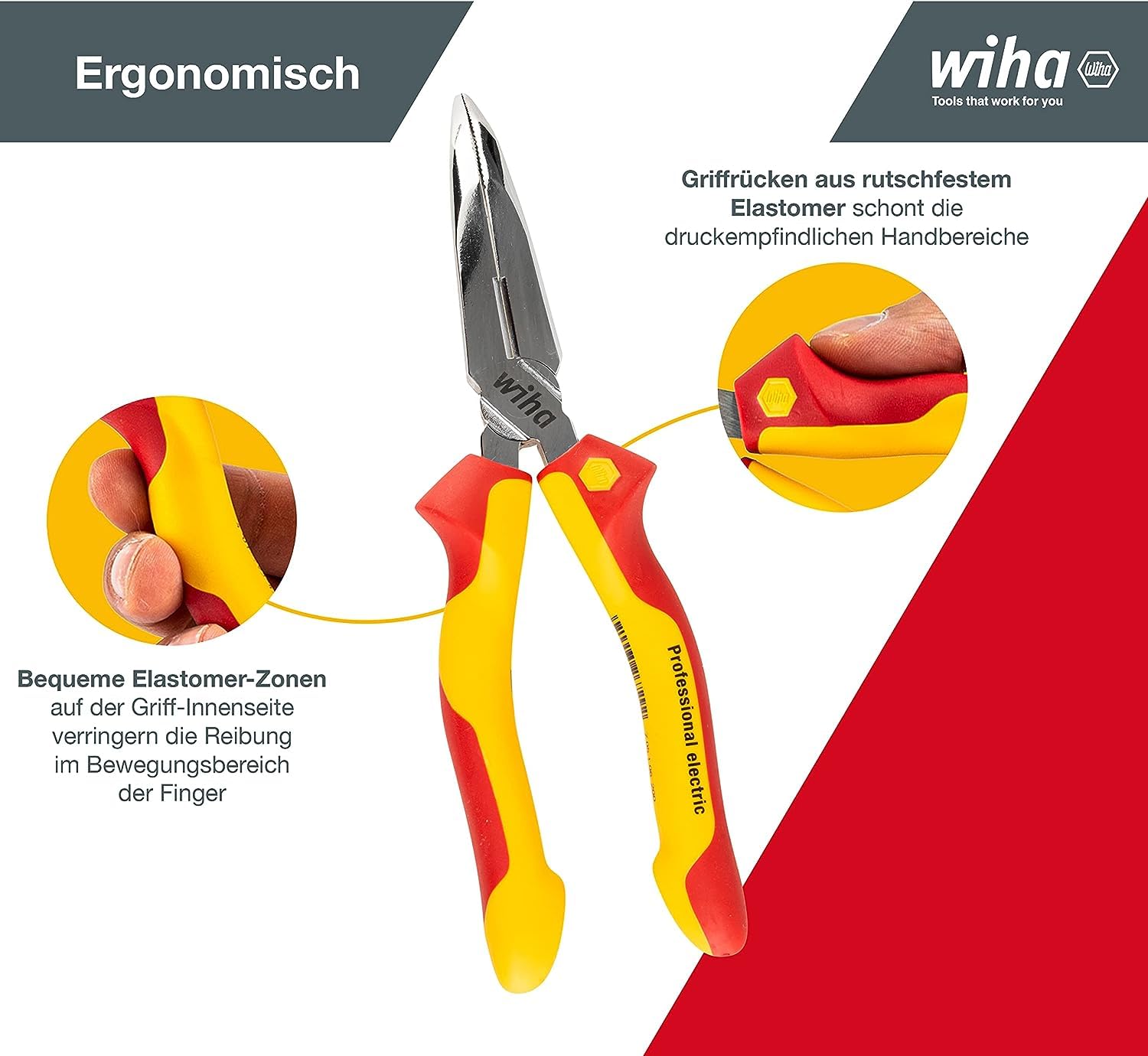Wiha Flachrundzange Professional electric mit Schneide I ca. 40° gebogene Form I VDE geprüft I Radiozange I 200 mm Elektrikerzange (27425)