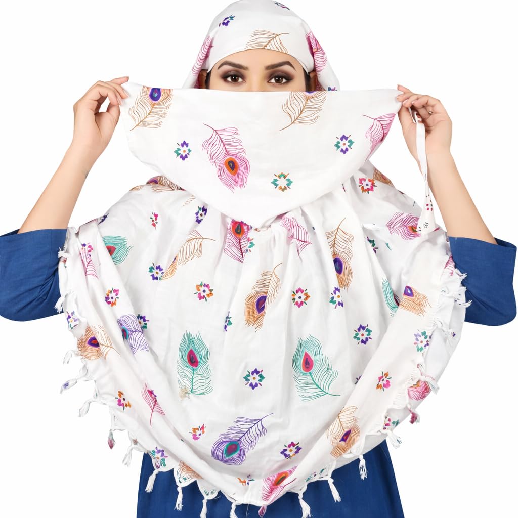 vasrivay Women’s Cotton Sun Protection Scarf - Anti-Tan Face Mask & Head Cover for Scooty Driving, Breathable UV Shield Dupatta with Floral Print, White Universal Size-picture-23