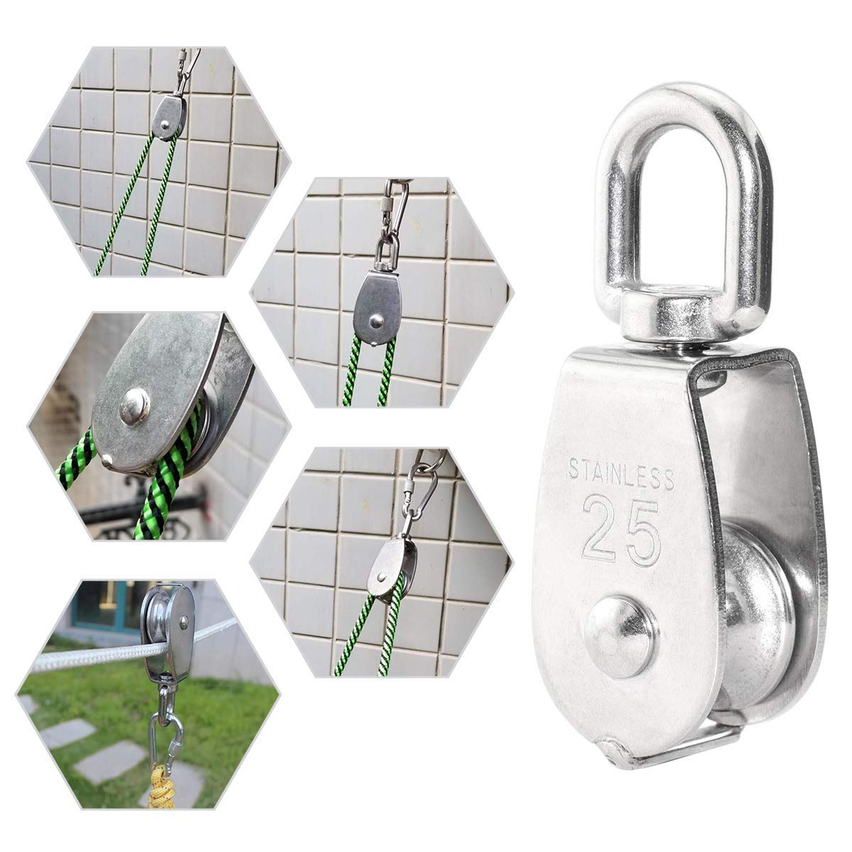 2 Poulies Doubles En Acier Inoxydable M25 - Capacité 150 Kg Chacune, Pivot 360° - Pour Levage, Gréement, Camping - 9