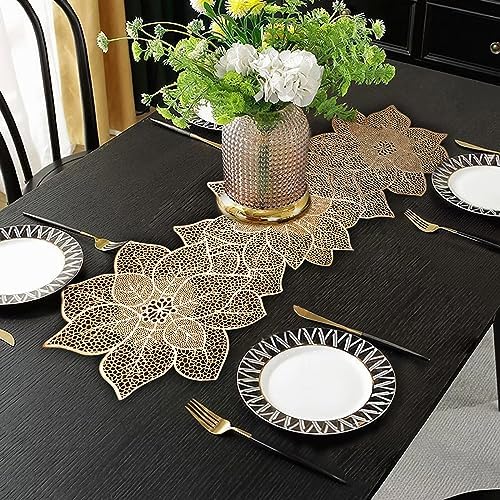 FAVE Gold Table Runners 36 Inches Heat Resistant Table Runner Flower Shaped Vinyl Table Runner Waterproof Washable Table Mats for Wedding, Banquet, Birthday, Party, Restaurant(Gold Flower Shaped)