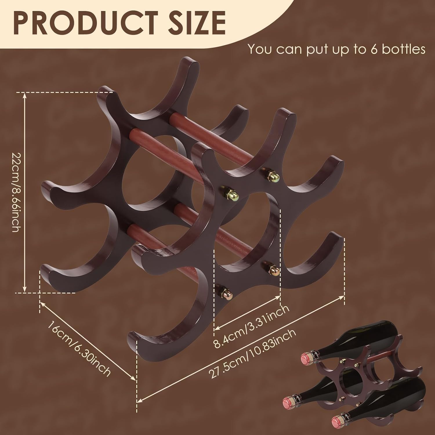 Wooden Wine Racks for Storage – 6 Bottle Wine Rack with Anti-Slip Coasters for Home, Bar, and Kitchen Use
