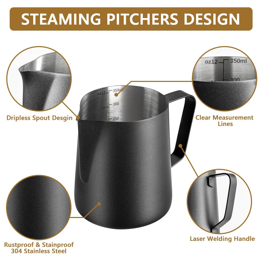 Frothing Milk Pitcher, 12 oz/350 ml Stainless Steel Frothing Milk Jug with Latte Art Pen,with Internal Measurements - Image 4
